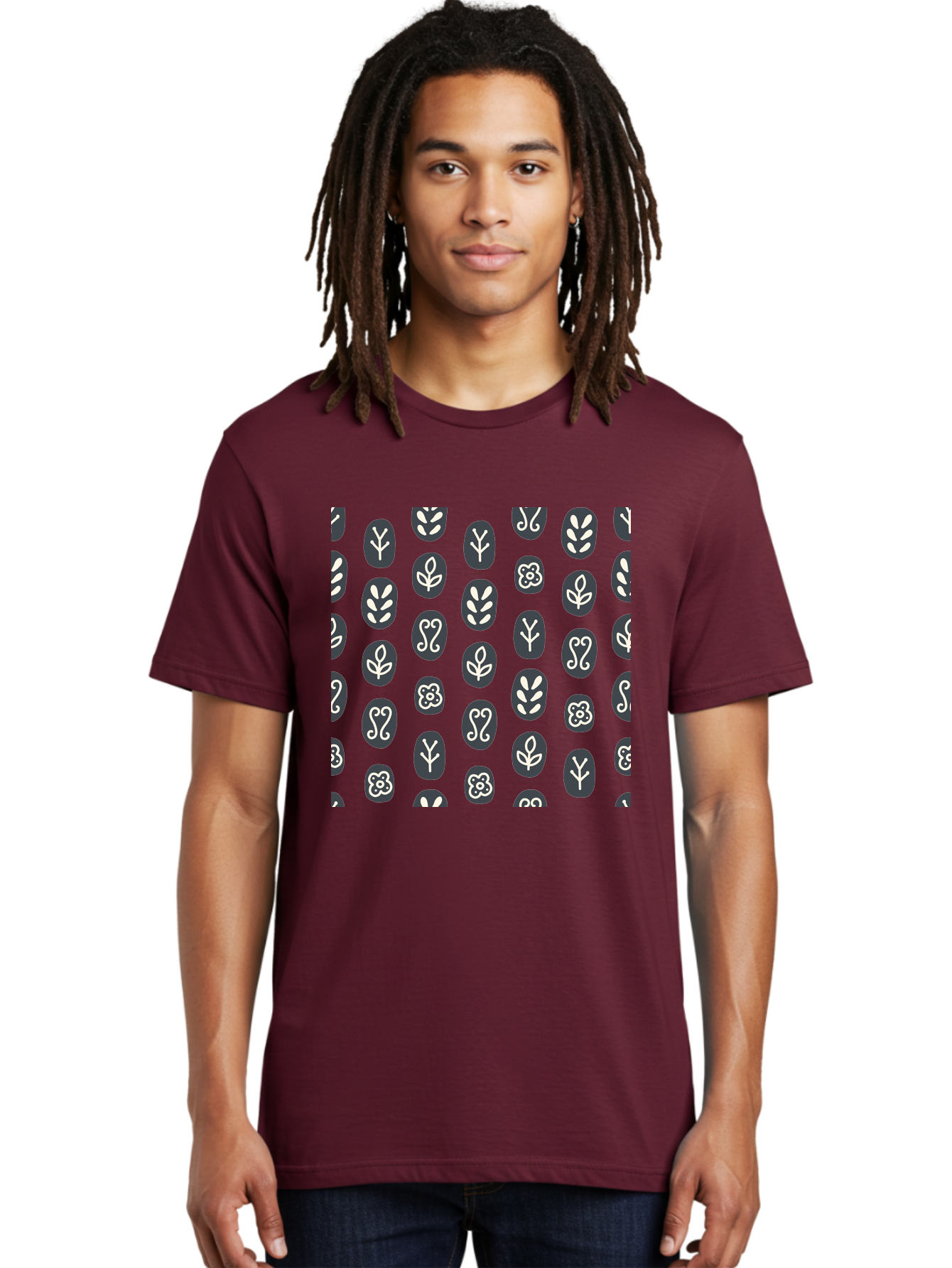Black-Ovals-With-White-Leaves Men'S Graphic Tee, 100% Cotton, Comfortable Casual Summer Wear, Machine Washable, Repeating Pattern, Gray Ovals, White Floral Designs, Botanical Motifs, Abstract Shapes, Graphic Design Elements, Minimalist Art, Aab664
