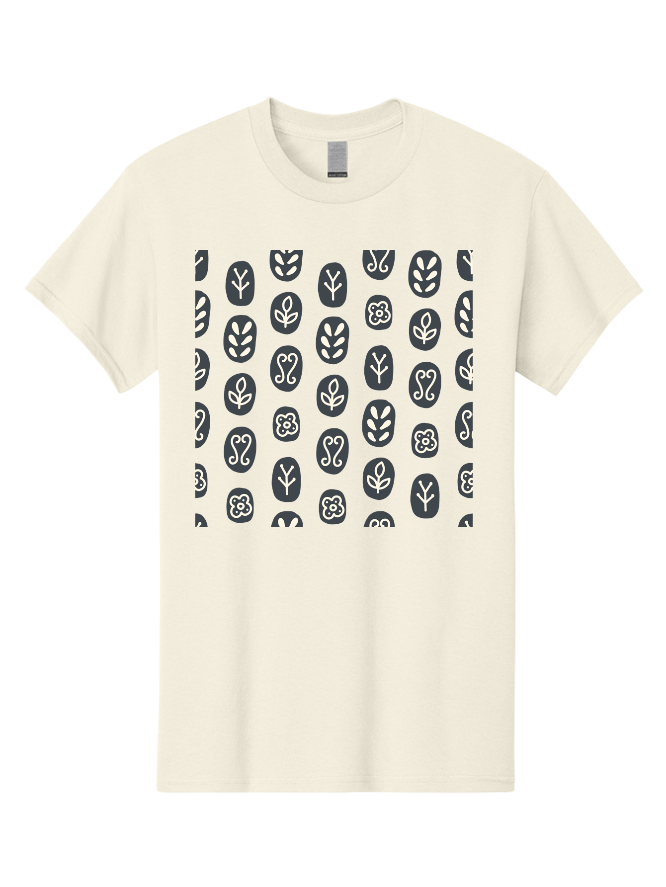 Black-Ovals-With-White-Leaves Men'S Graphic Tee, 100% Cotton, Comfortable Casual Summer Wear, Machine Washable, Repeating Pattern, Gray Ovals, White Floral Designs, Botanical Motifs, Abstract Shapes, Graphic Design Elements, Minimalist Art, Aab664