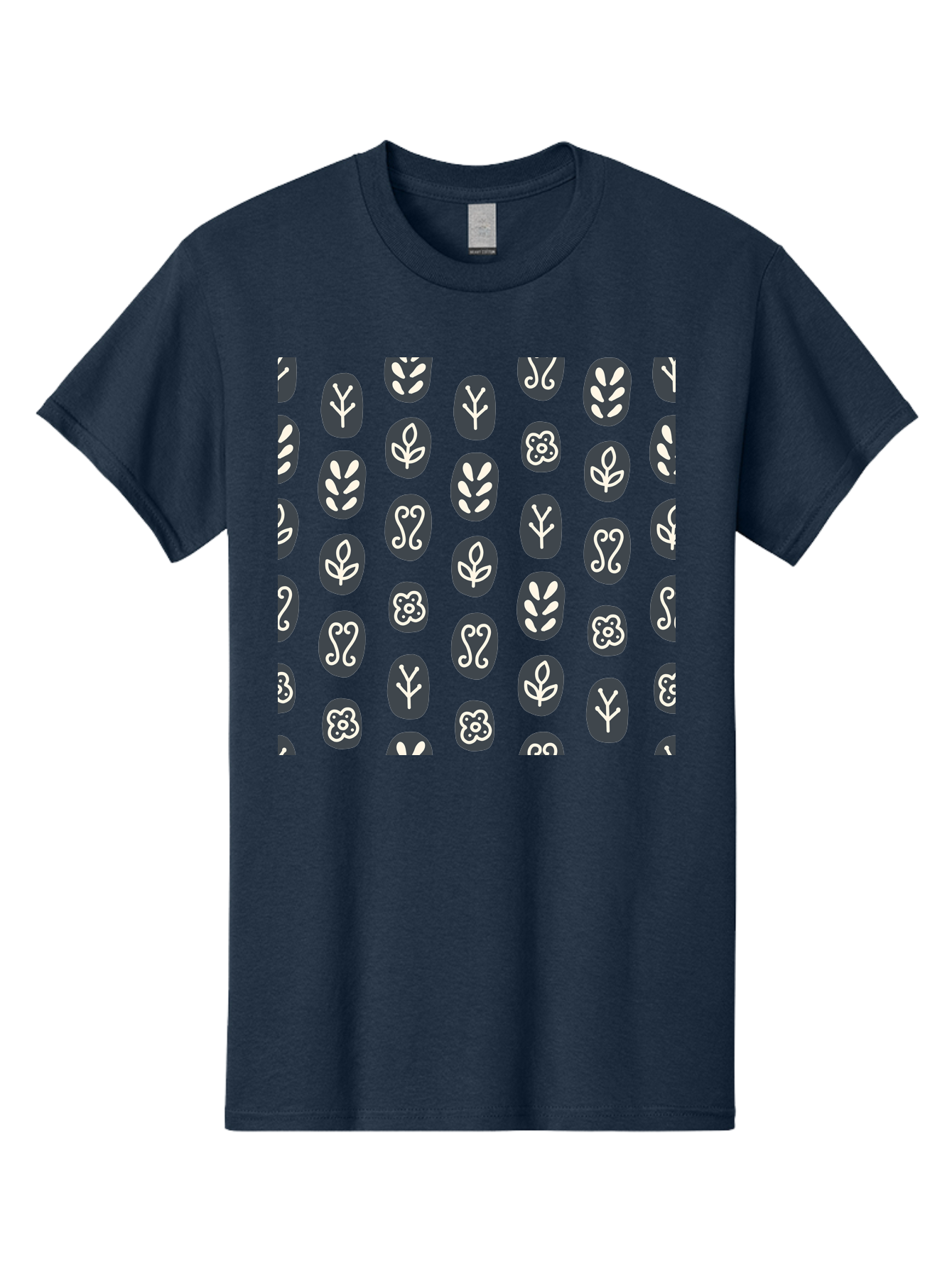 Black-Ovals-With-White-Leaves Men'S Graphic Tee, 100% Cotton, Comfortable Casual Summer Wear, Machine Washable, Repeating Pattern, Gray Ovals, White Floral Designs, Botanical Motifs, Abstract Shapes, Graphic Design Elements, Minimalist Art, Aab664