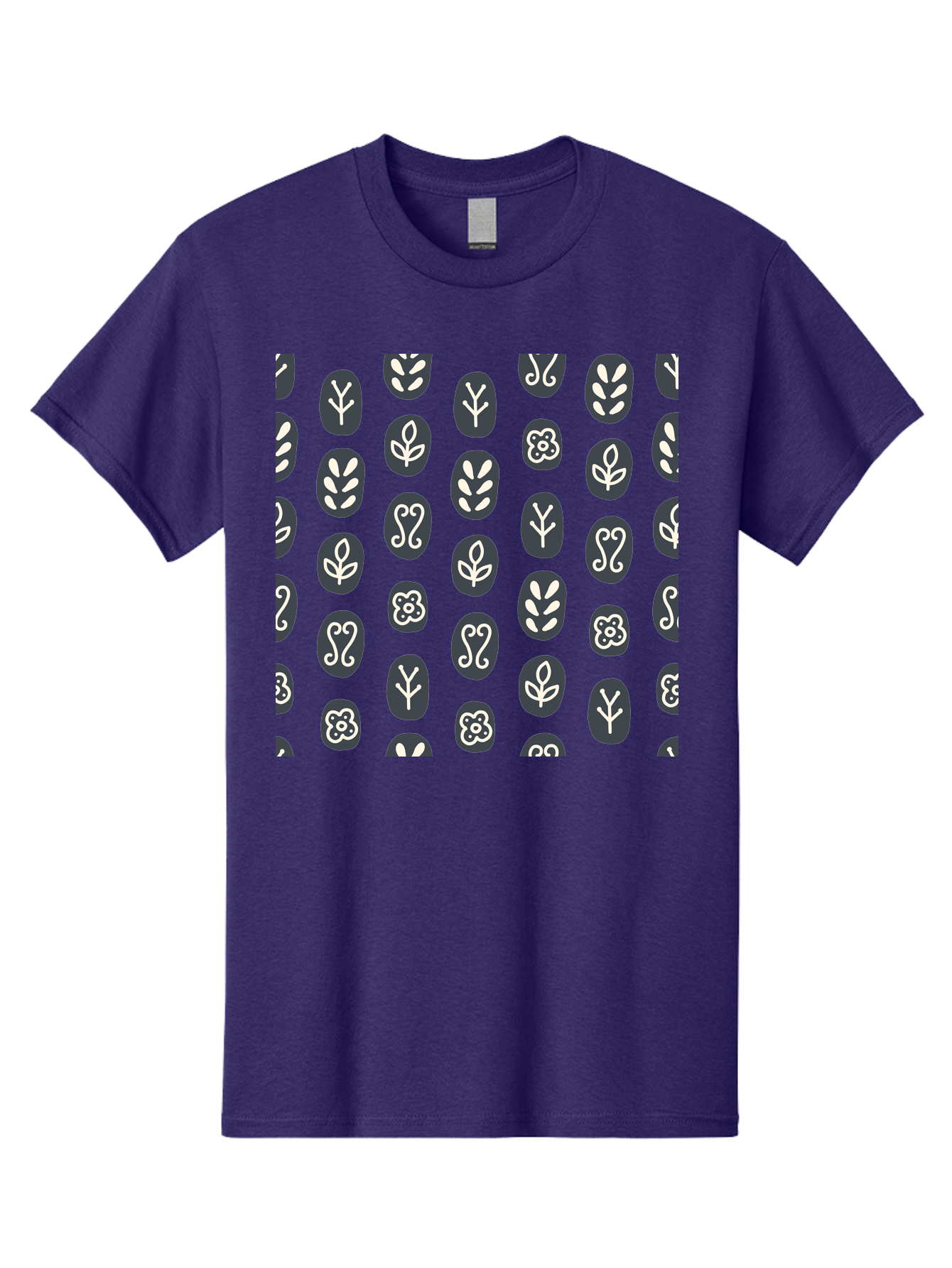 Black-Ovals-With-White-Leaves Men'S Graphic Tee, 100% Cotton, Comfortable Casual Summer Wear, Machine Washable, Repeating Pattern, Gray Ovals, White Floral Designs, Botanical Motifs, Abstract Shapes, Graphic Design Elements, Minimalist Art, Aab664