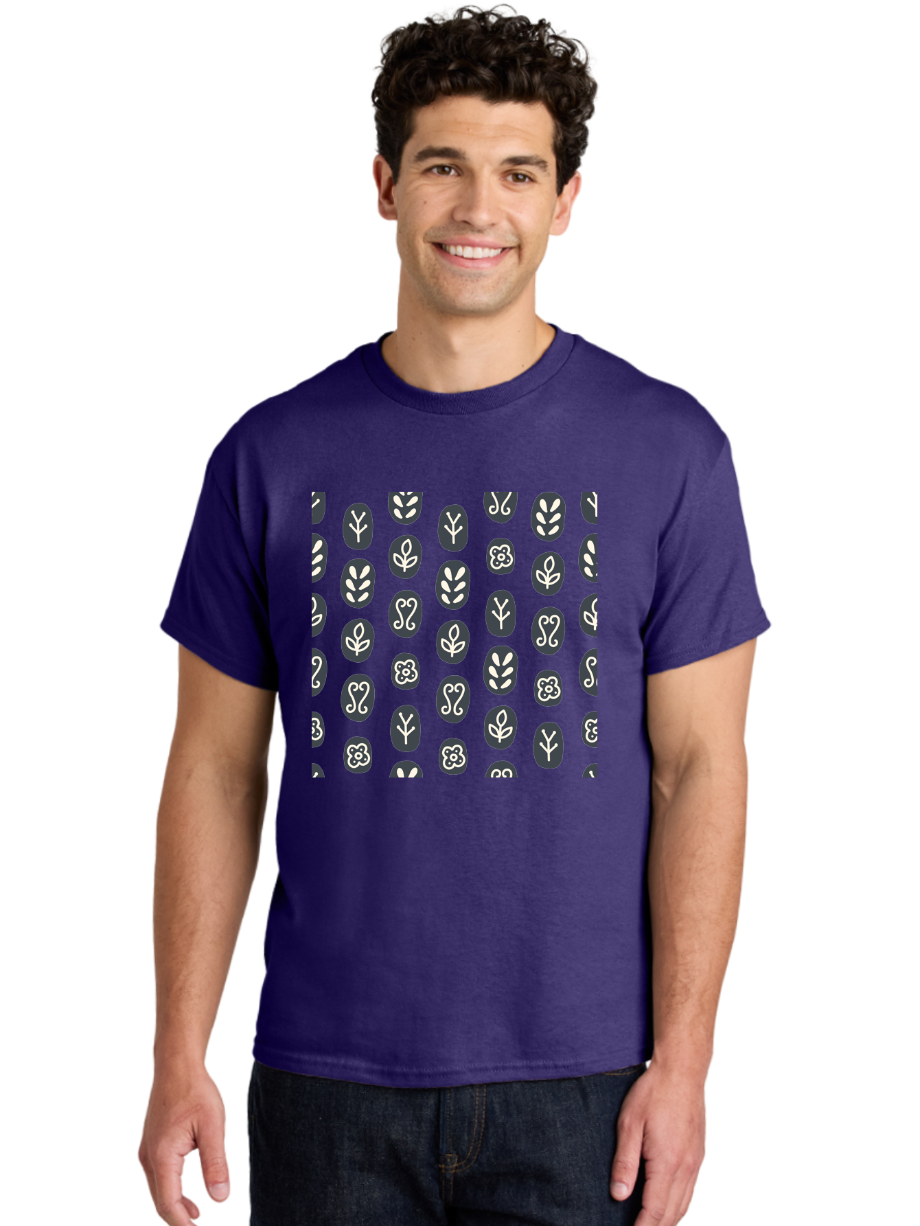Black-Ovals-With-White-Leaves Men'S Graphic Tee, 100% Cotton, Comfortable Casual Summer Wear, Machine Washable, Repeating Pattern, Gray Ovals, White Floral Designs, Botanical Motifs, Abstract Shapes, Graphic Design Elements, Minimalist Art, Aab664