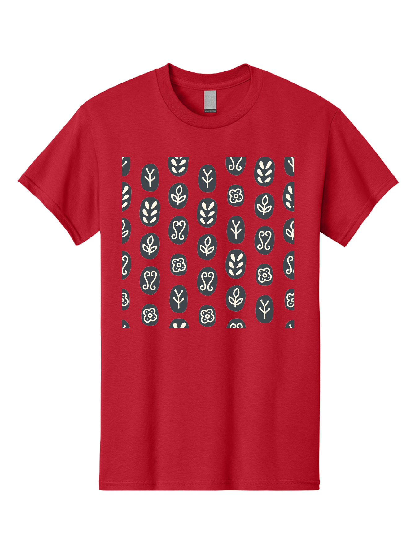 Black-Ovals-With-White-Leaves Men'S Graphic Tee, 100% Cotton, Comfortable Casual Summer Wear, Machine Washable, Repeating Pattern, Gray Ovals, White Floral Designs, Botanical Motifs, Abstract Shapes, Graphic Design Elements, Minimalist Art, Aab664