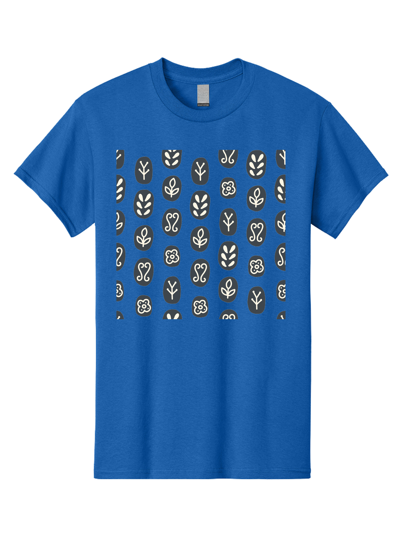 Black-Ovals-With-White-Leaves Men'S Graphic Tee, 100% Cotton, Comfortable Casual Summer Wear, Machine Washable, Repeating Pattern, Gray Ovals, White Floral Designs, Botanical Motifs, Abstract Shapes, Graphic Design Elements, Minimalist Art, Aab664