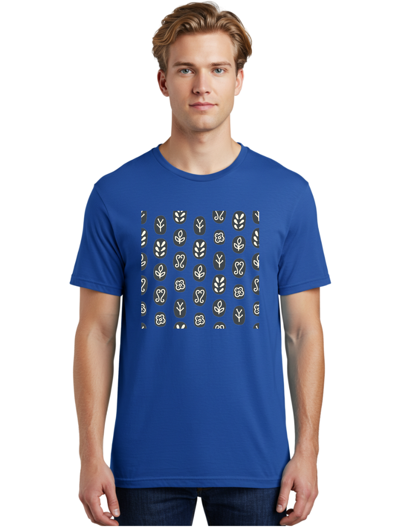 Black-Ovals-With-White-Leaves Men'S Graphic Tee, 100% Cotton, Comfortable Casual Summer Wear, Machine Washable, Repeating Pattern, Gray Ovals, White Floral Designs, Botanical Motifs, Abstract Shapes, Graphic Design Elements, Minimalist Art, Aab664