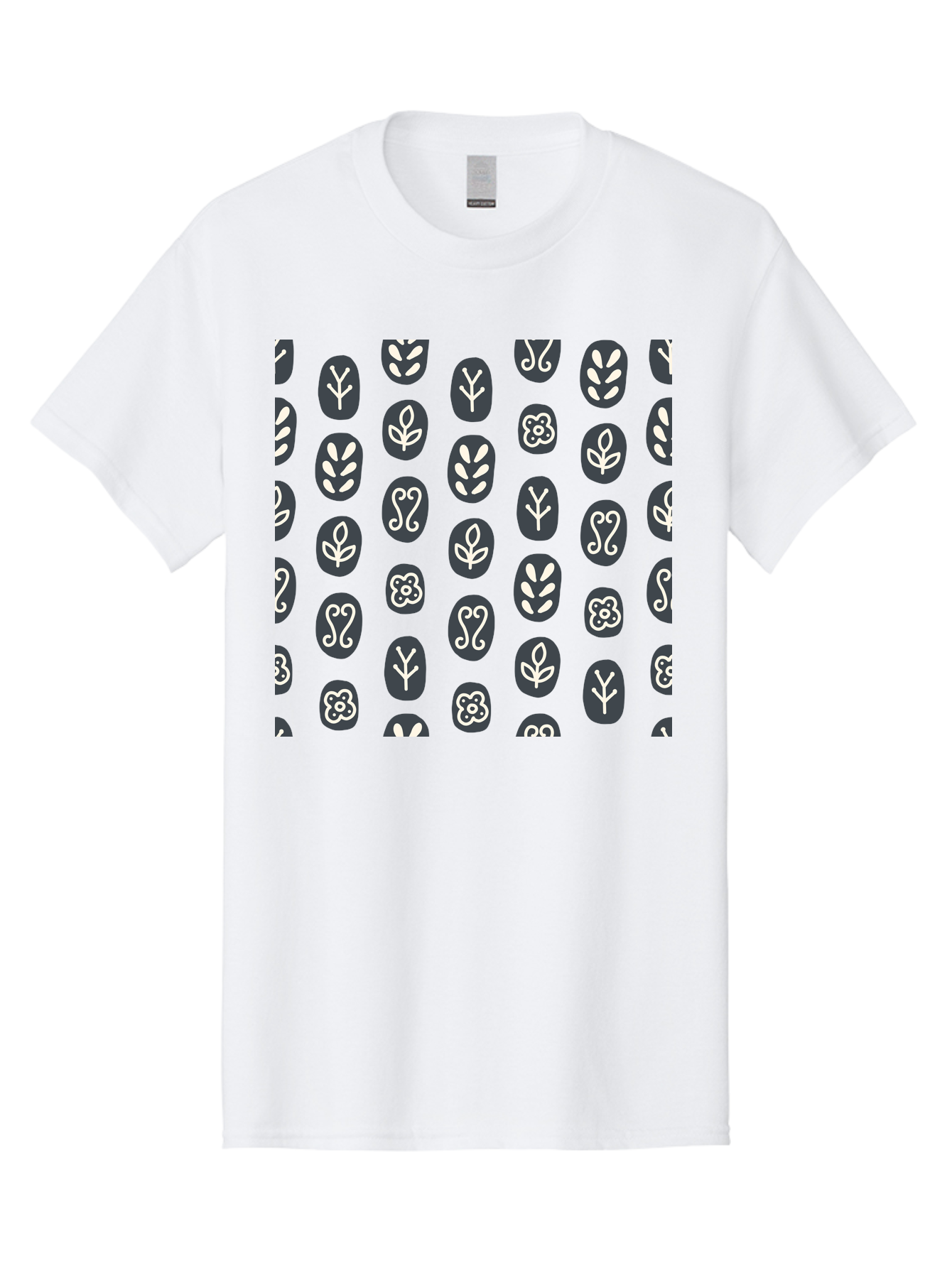 Black-Ovals-With-White-Leaves Men'S Graphic Tee, 100% Cotton, Comfortable Casual Summer Wear, Machine Washable, Repeating Pattern, Gray Ovals, White Floral Designs, Botanical Motifs, Abstract Shapes, Graphic Design Elements, Minimalist Art, Aab664