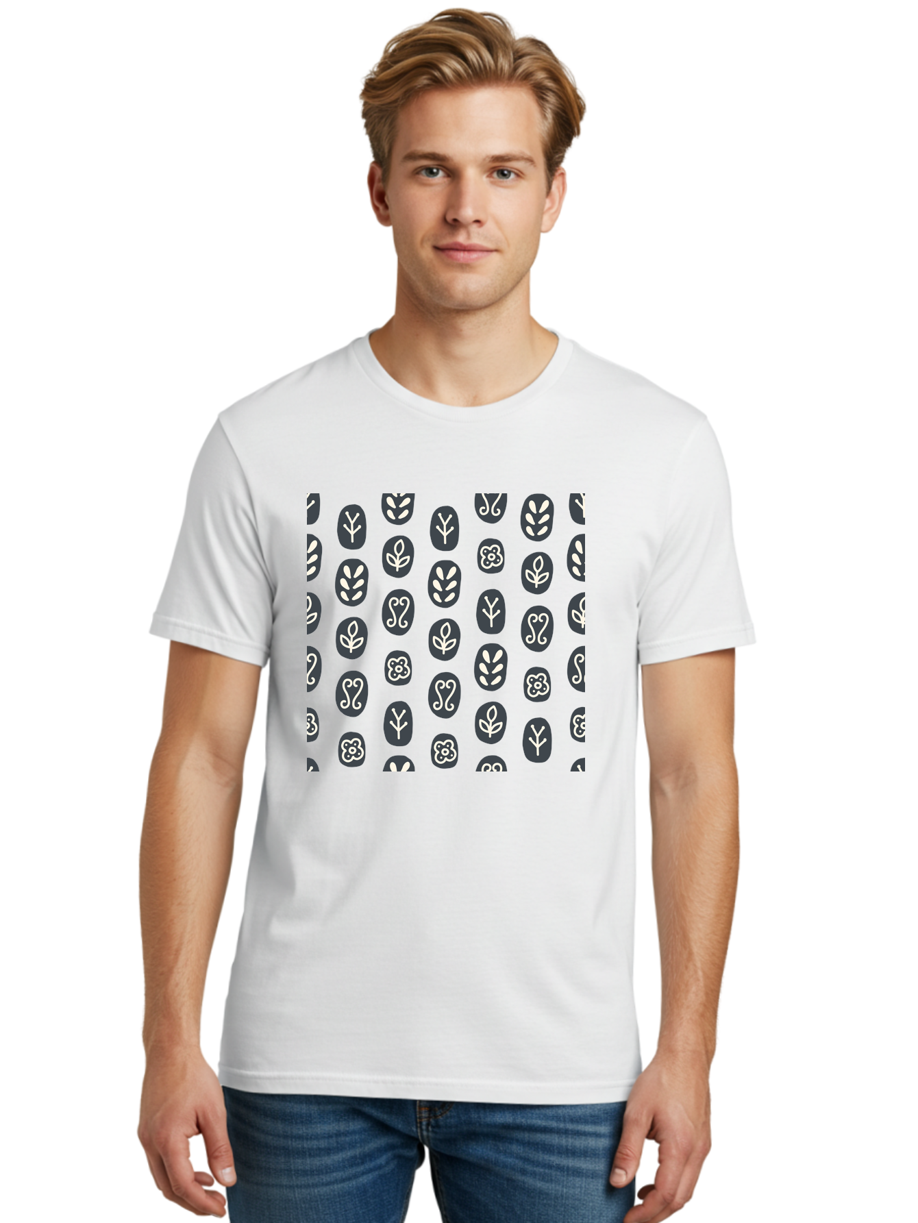 Black-Ovals-With-White-Leaves Men'S Graphic Tee, 100% Cotton, Comfortable Casual Summer Wear, Machine Washable, Repeating Pattern, Gray Ovals, White Floral Designs, Botanical Motifs, Abstract Shapes, Graphic Design Elements, Minimalist Art, Aab664