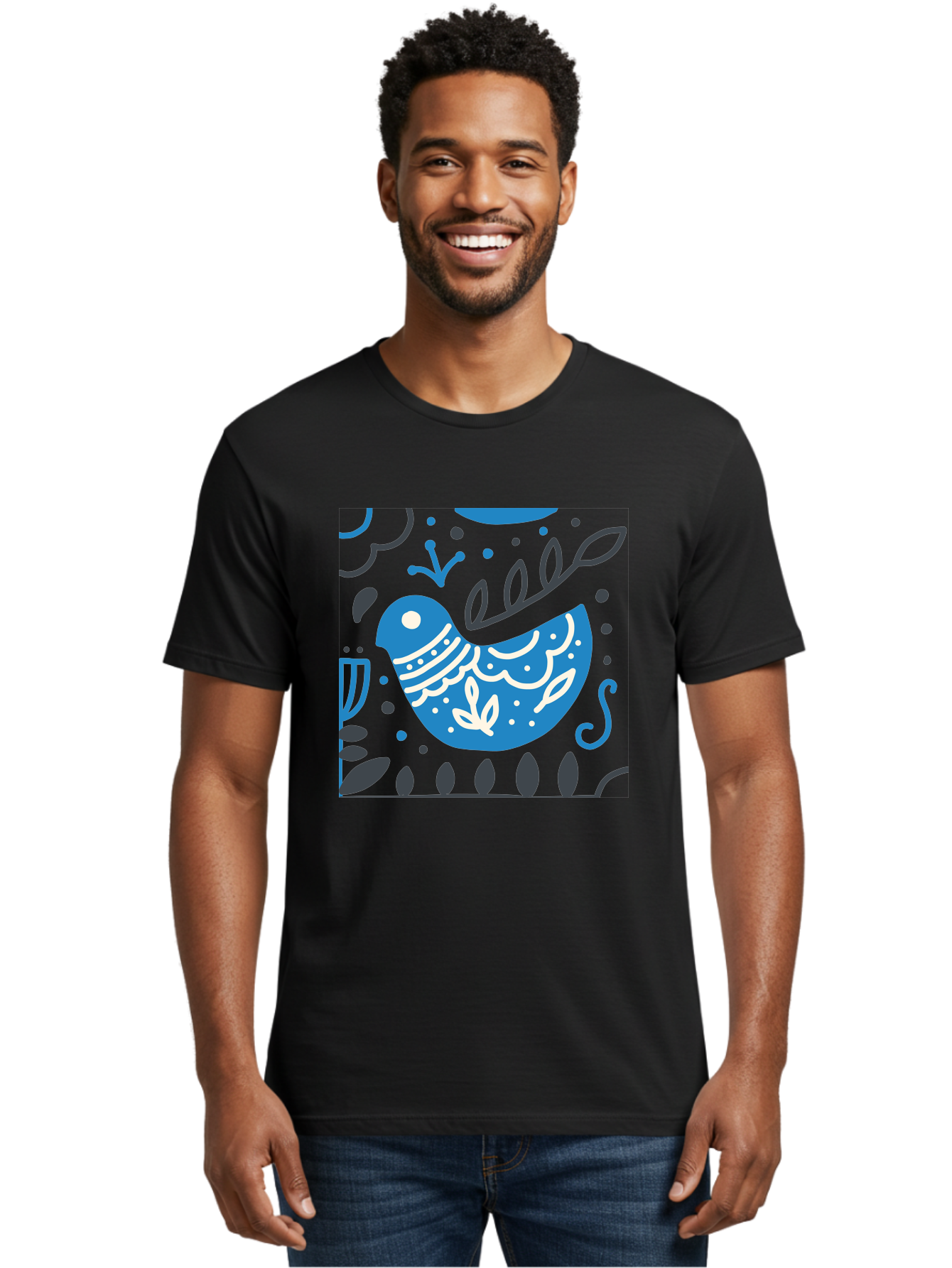 Blue-Bird Men'S Graphic Tee, 100% Cotton, Comfortable Casual Summer Wear, Machine Washable, Blue Bird, Floral Patterns, Whimsical Design, Abstract Shapes, Leaves, Dots, Artistic Expression, Creative Illustration, Modern Art, Bird Silhouette Aab665