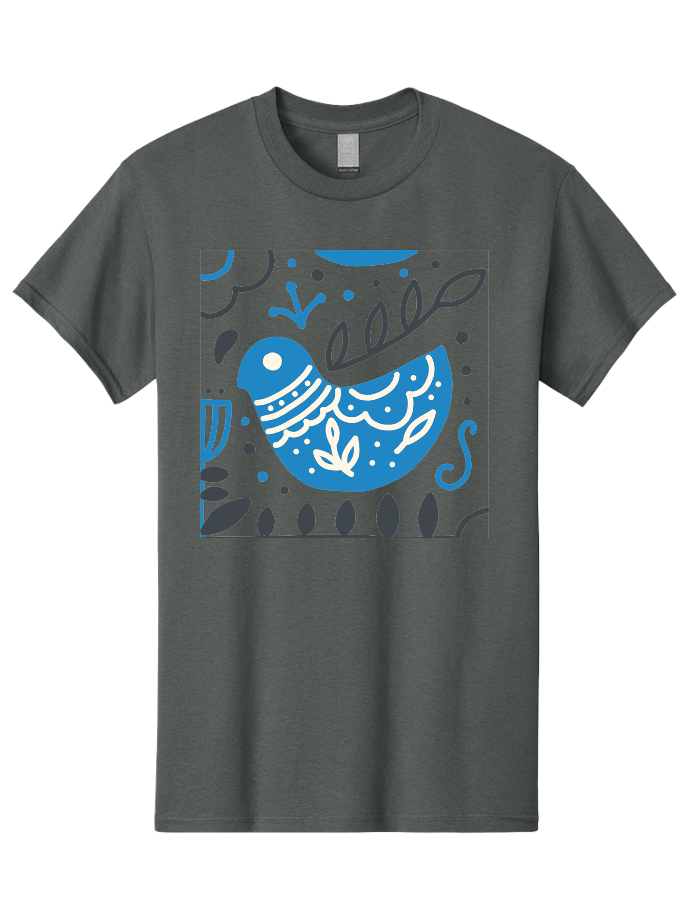 Blue-Bird Men'S Graphic Tee, 100% Cotton, Comfortable Casual Summer Wear, Machine Washable, Blue Bird, Floral Patterns, Whimsical Design, Abstract Shapes, Leaves, Dots, Artistic Expression, Creative Illustration, Modern Art, Bird Silhouette Aab665