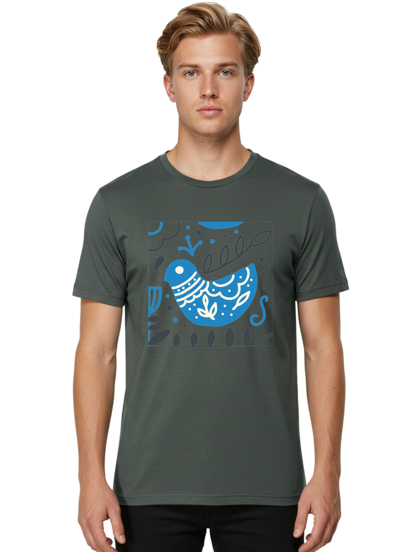 Blue-Bird Men'S Graphic Tee, 100% Cotton, Comfortable Casual Summer Wear, Machine Washable, Blue Bird, Floral Patterns, Whimsical Design, Abstract Shapes, Leaves, Dots, Artistic Expression, Creative Illustration, Modern Art, Bird Silhouette Aab665