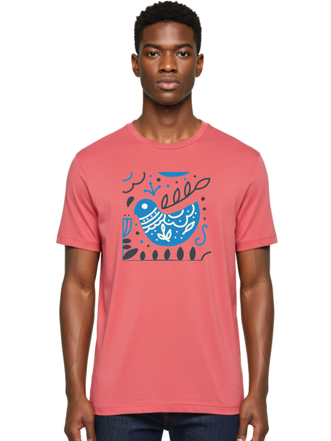 Blue-Bird Men'S Graphic Tee, 100% Cotton, Comfortable Casual Summer Wear, Machine Washable, Blue Bird, Floral Patterns, Whimsical Design, Abstract Shapes, Leaves, Dots, Artistic Expression, Creative Illustration, Modern Art, Bird Silhouette Aab665