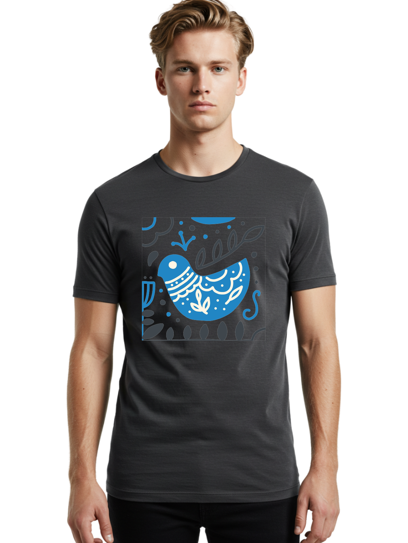 Blue-Bird Men'S Graphic Tee, 100% Cotton, Comfortable Casual Summer Wear, Machine Washable, Blue Bird, Floral Patterns, Whimsical Design, Abstract Shapes, Leaves, Dots, Artistic Expression, Creative Illustration, Modern Art, Bird Silhouette Aab665