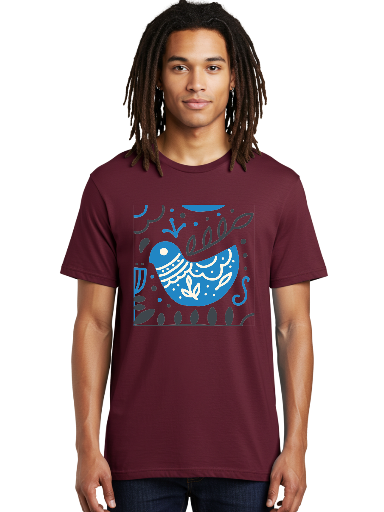 Blue-Bird Men'S Graphic Tee, 100% Cotton, Comfortable Casual Summer Wear, Machine Washable, Blue Bird, Floral Patterns, Whimsical Design, Abstract Shapes, Leaves, Dots, Artistic Expression, Creative Illustration, Modern Art, Bird Silhouette Aab665