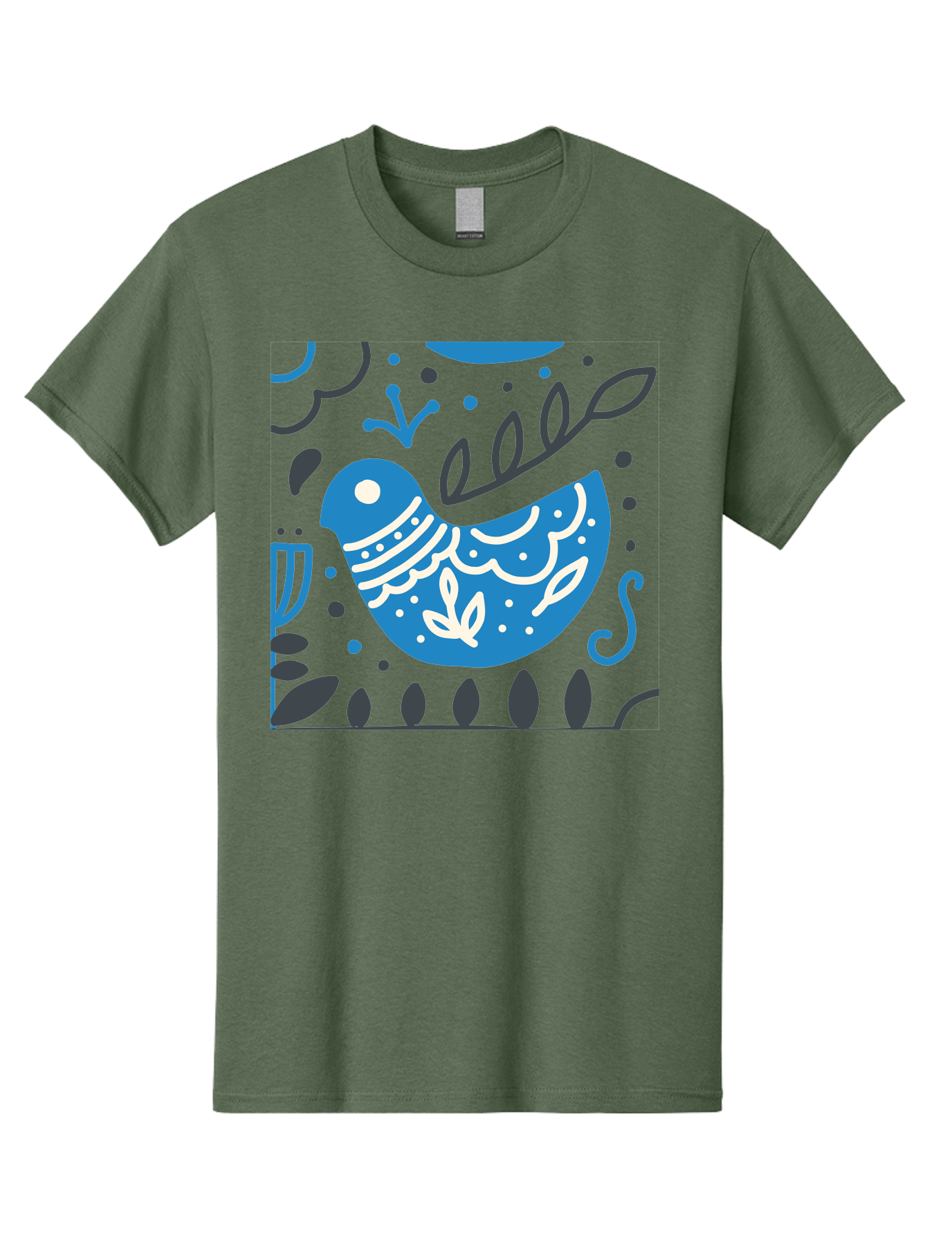 Blue-Bird Men'S Graphic Tee, 100% Cotton, Comfortable Casual Summer Wear, Machine Washable, Blue Bird, Floral Patterns, Whimsical Design, Abstract Shapes, Leaves, Dots, Artistic Expression, Creative Illustration, Modern Art, Bird Silhouette Aab665