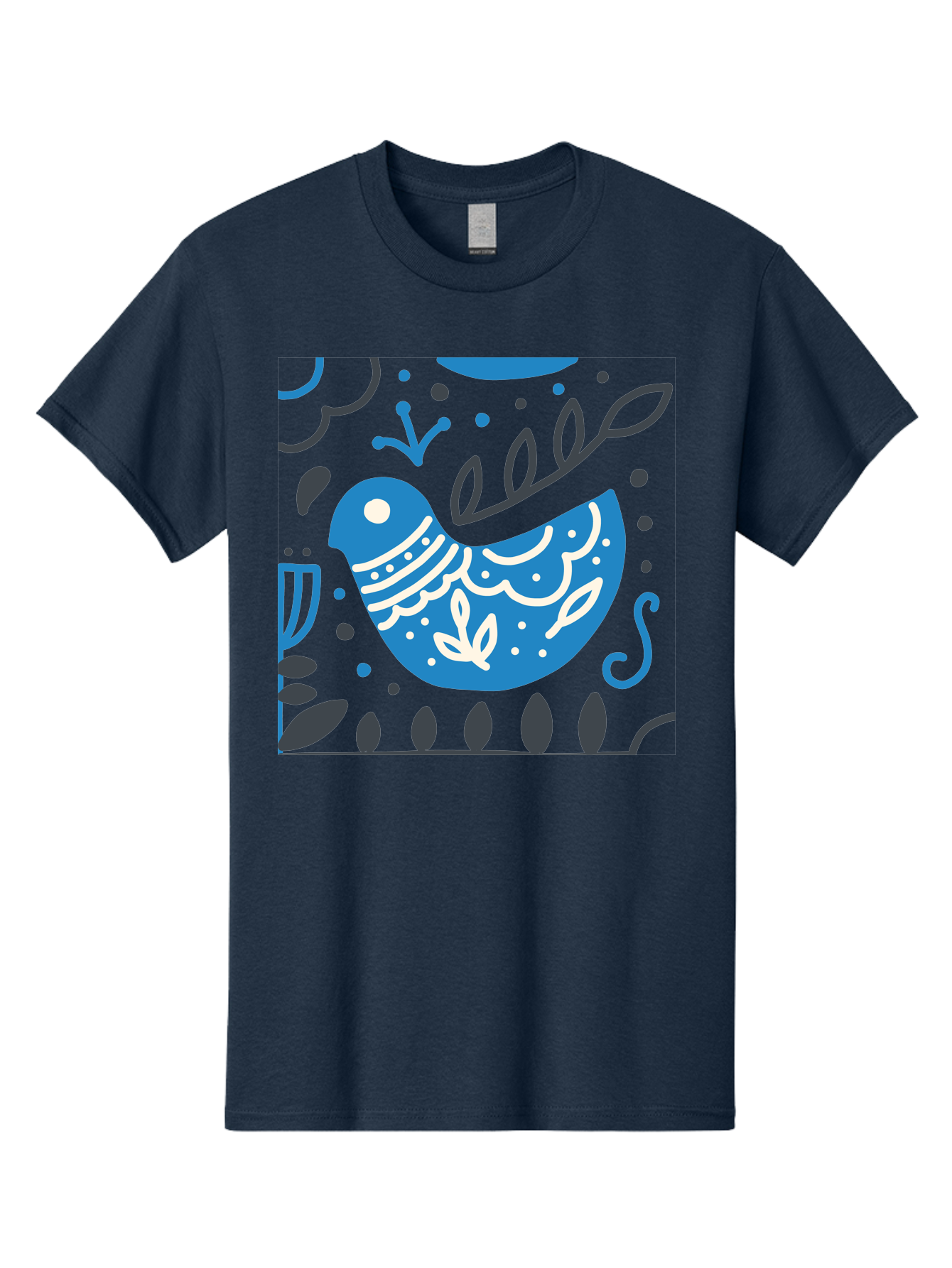 Blue-Bird Men'S Graphic Tee, 100% Cotton, Comfortable Casual Summer Wear, Machine Washable, Blue Bird, Floral Patterns, Whimsical Design, Abstract Shapes, Leaves, Dots, Artistic Expression, Creative Illustration, Modern Art, Bird Silhouette Aab665