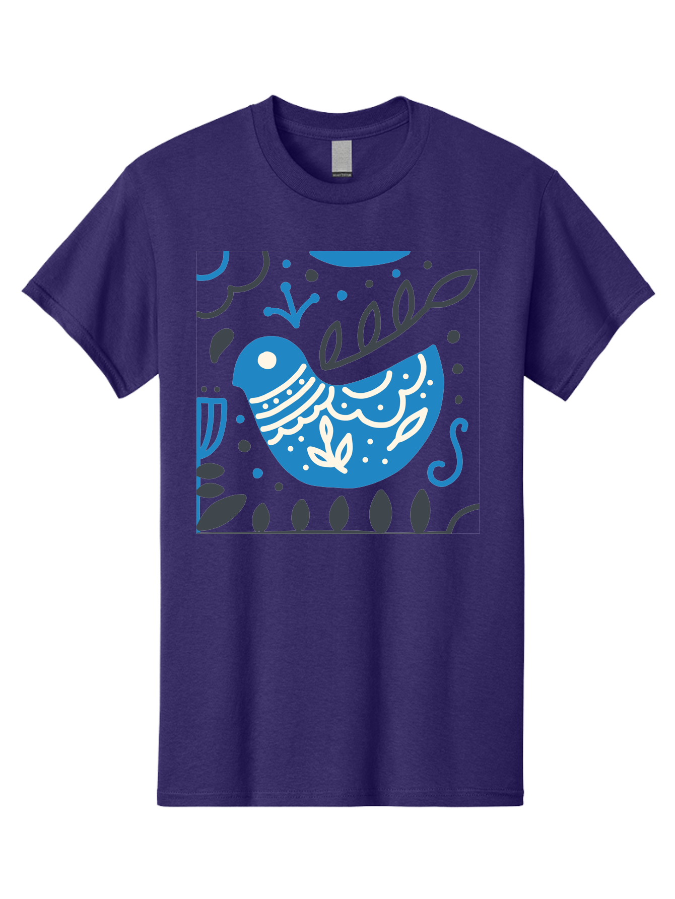 Blue-Bird Men'S Graphic Tee, 100% Cotton, Comfortable Casual Summer Wear, Machine Washable, Blue Bird, Floral Patterns, Whimsical Design, Abstract Shapes, Leaves, Dots, Artistic Expression, Creative Illustration, Modern Art, Bird Silhouette Aab665