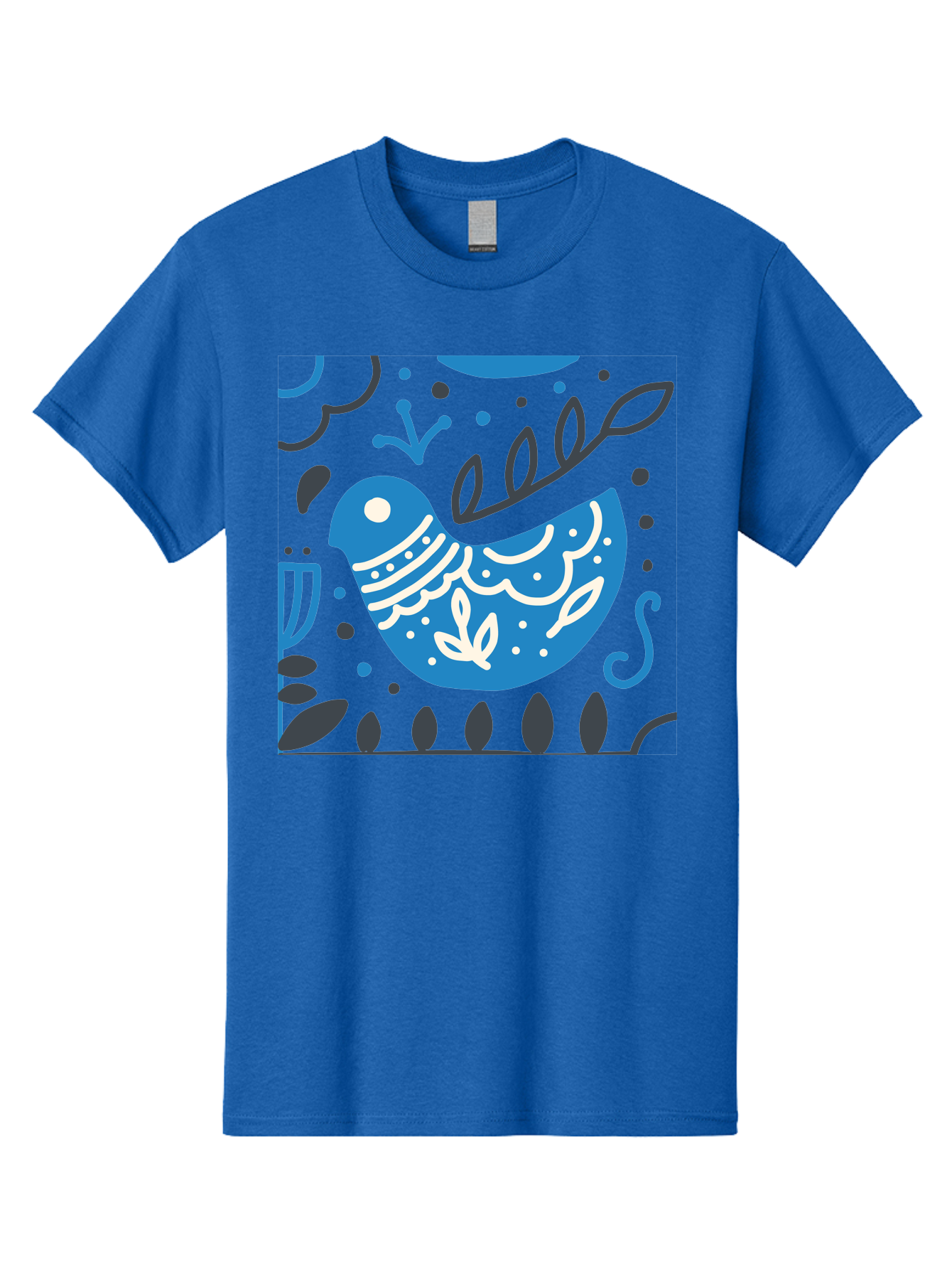 Blue-Bird Men'S Graphic Tee, 100% Cotton, Comfortable Casual Summer Wear, Machine Washable, Blue Bird, Floral Patterns, Whimsical Design, Abstract Shapes, Leaves, Dots, Artistic Expression, Creative Illustration, Modern Art, Bird Silhouette Aab665