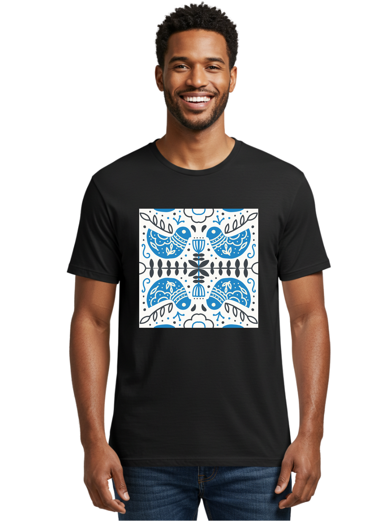 Blue-Birds-Pattern Men'S Graphic Tee, 100% Cotton, Comfortable Casual Summer Wear, Machine Washable, Symmetrical Pattern, Blue Birds, White And Black Accents, Floral Motifs, Traditional Folk Art, Ornate Details, Vintage Design, Aab666