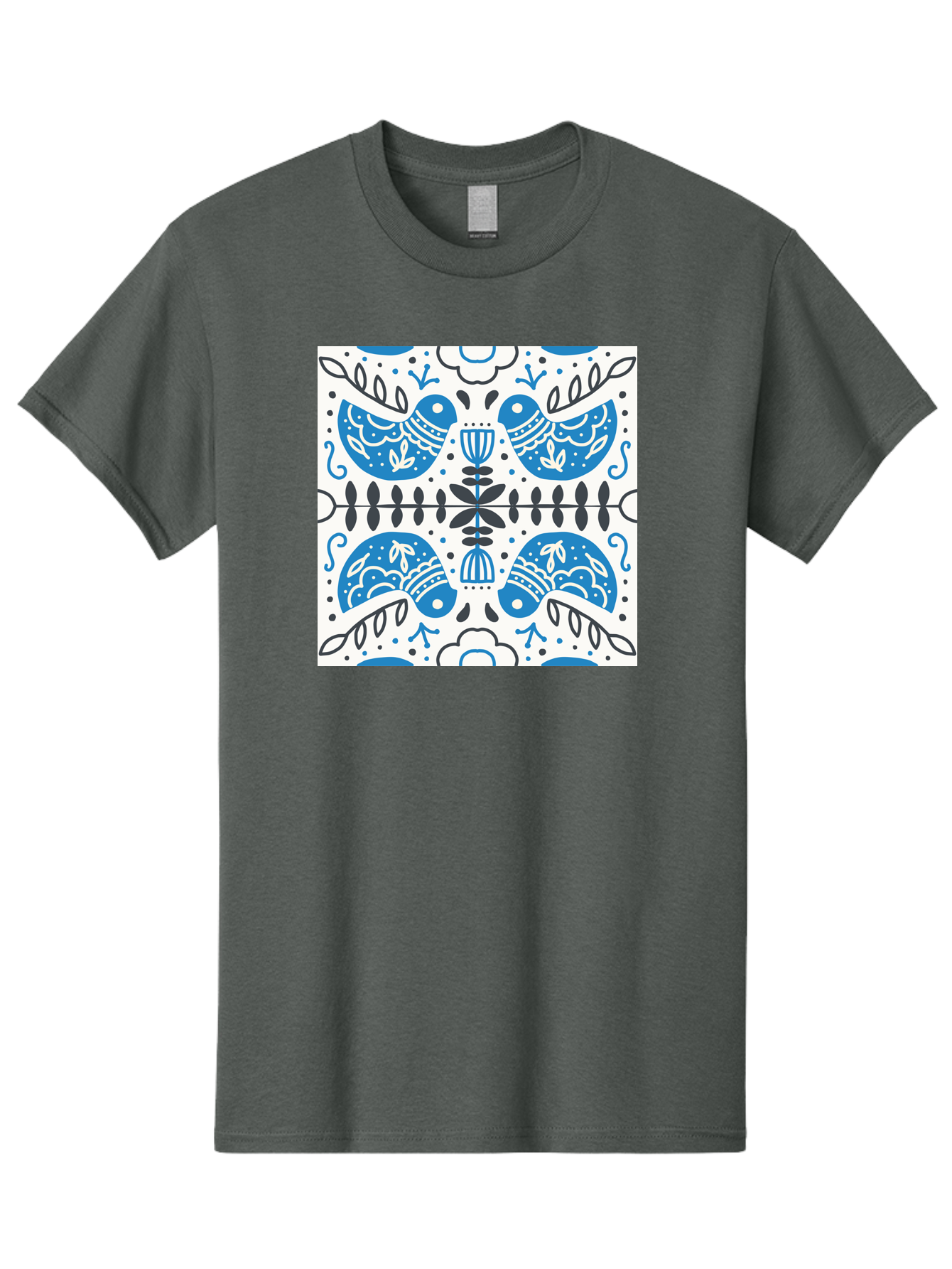 Blue-Birds-Pattern Men'S Graphic Tee, 100% Cotton, Comfortable Casual Summer Wear, Machine Washable, Symmetrical Pattern, Blue Birds, White And Black Accents, Floral Motifs, Traditional Folk Art, Ornate Details, Vintage Design, Aab666