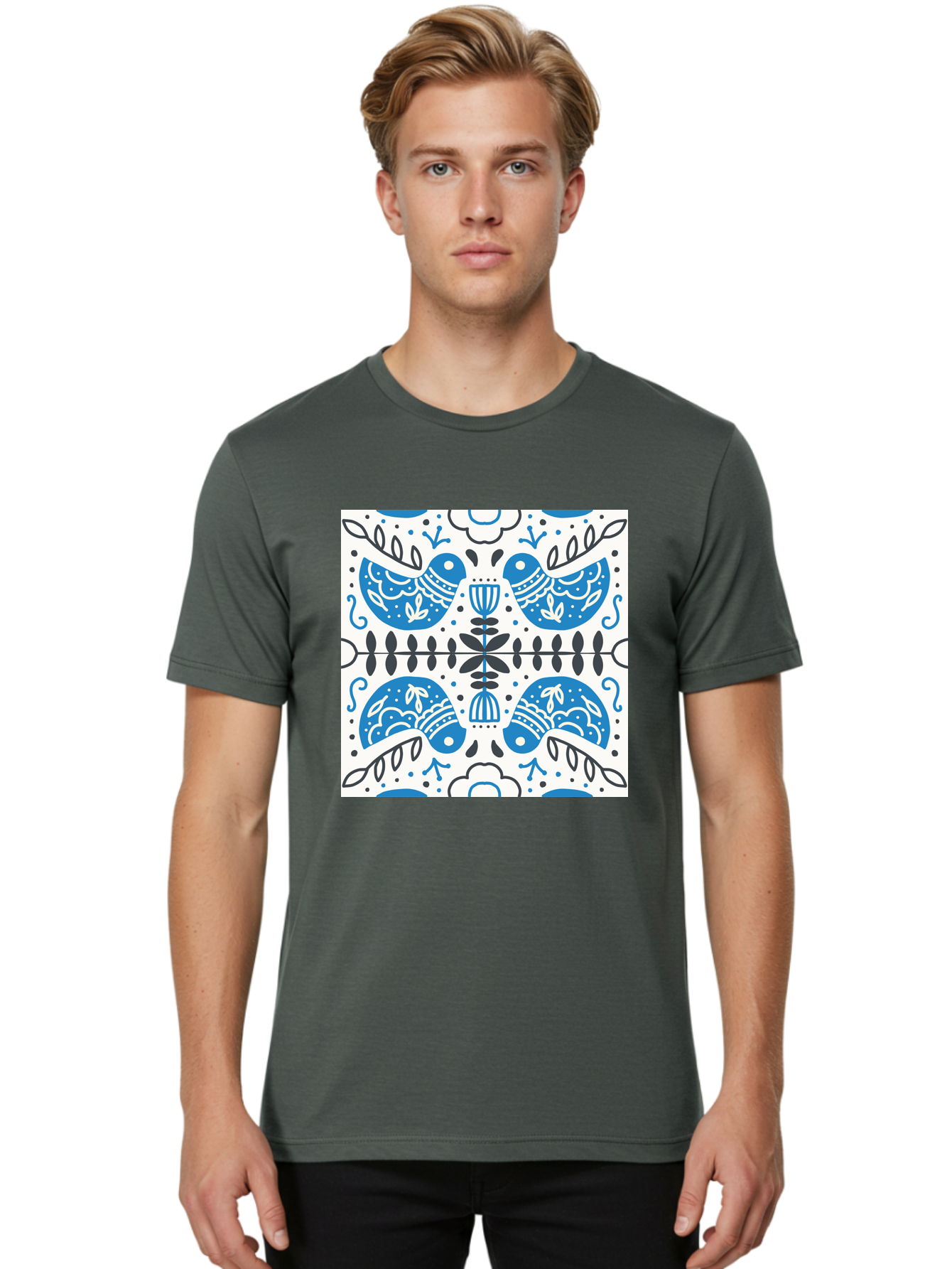 Blue-Birds-Pattern Men'S Graphic Tee, 100% Cotton, Comfortable Casual Summer Wear, Machine Washable, Symmetrical Pattern, Blue Birds, White And Black Accents, Floral Motifs, Traditional Folk Art, Ornate Details, Vintage Design, Aab666