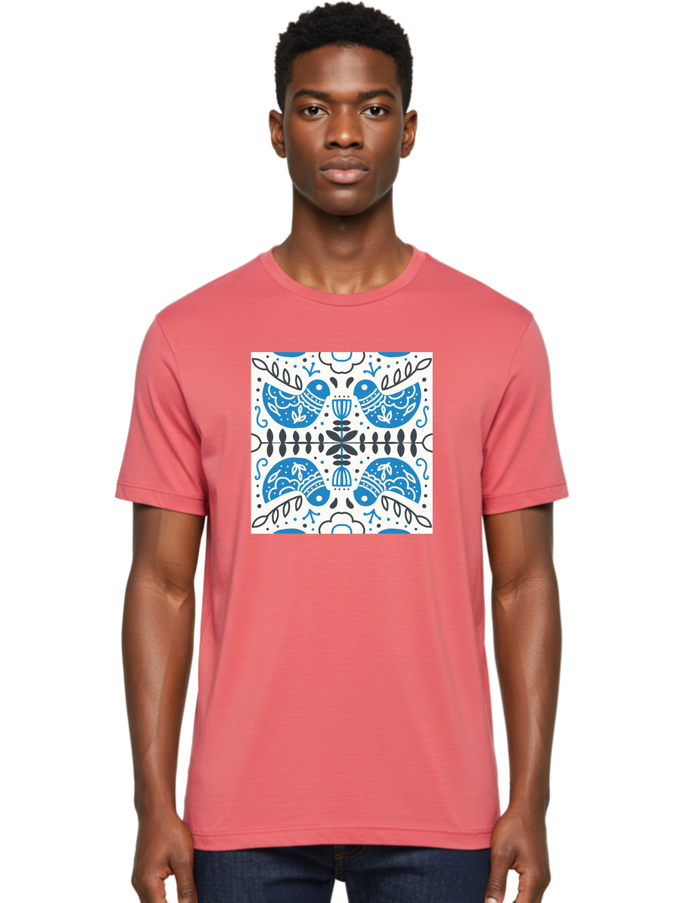 Blue-Birds-Pattern Men'S Graphic Tee, 100% Cotton, Comfortable Casual Summer Wear, Machine Washable, Symmetrical Pattern, Blue Birds, White And Black Accents, Floral Motifs, Traditional Folk Art, Ornate Details, Vintage Design, Aab666