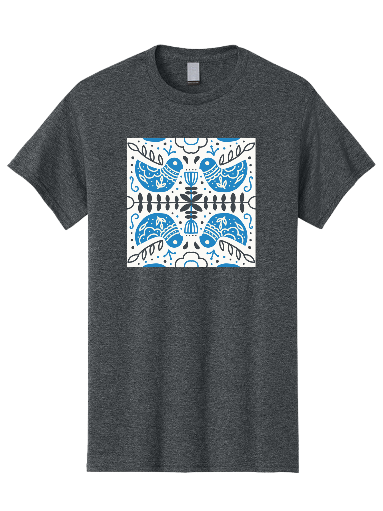 Blue-Birds-Pattern Men'S Graphic Tee, 100% Cotton, Comfortable Casual Summer Wear, Machine Washable, Symmetrical Pattern, Blue Birds, White And Black Accents, Floral Motifs, Traditional Folk Art, Ornate Details, Vintage Design, Aab666