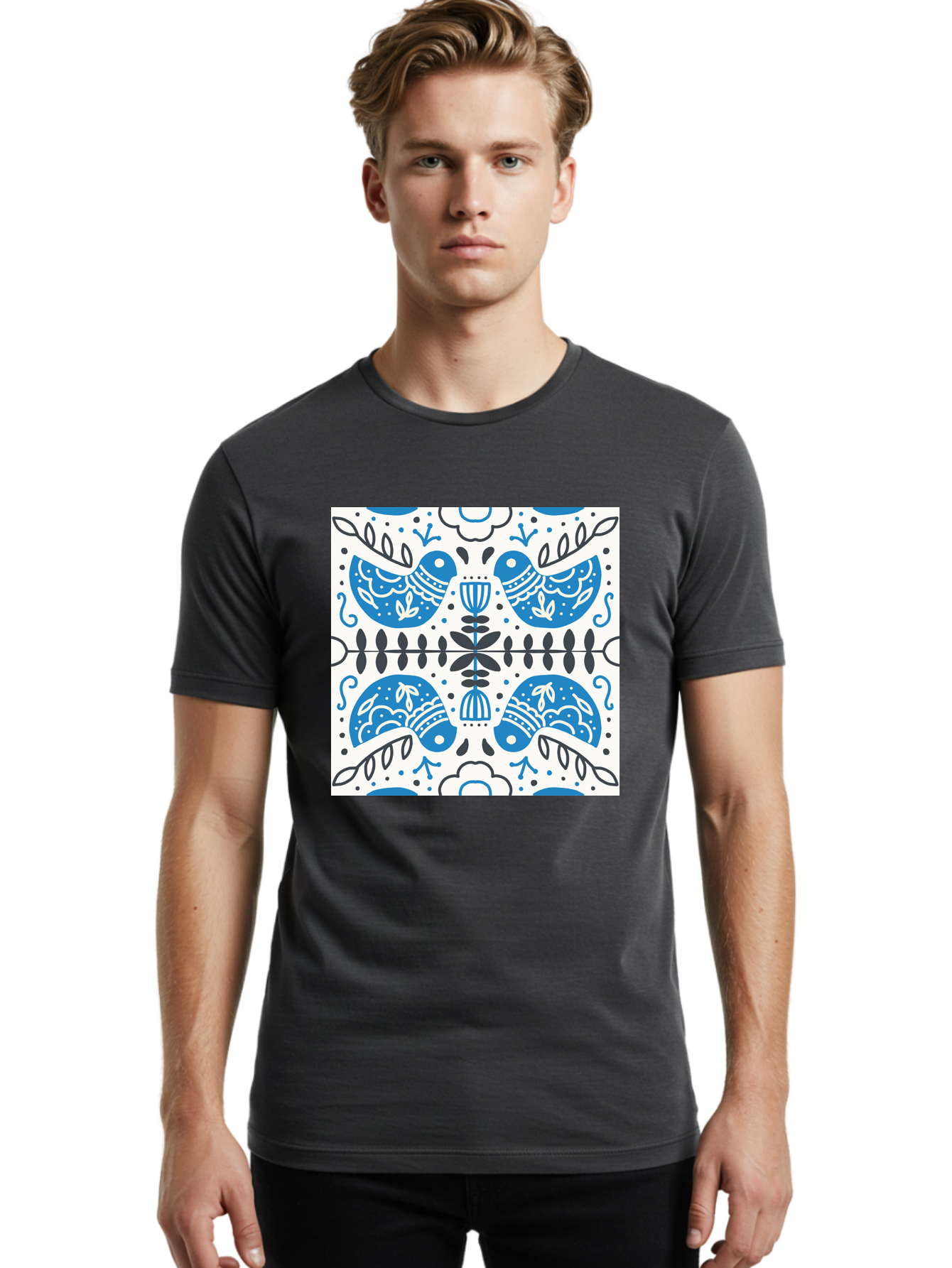 Blue-Birds-Pattern Men'S Graphic Tee, 100% Cotton, Comfortable Casual Summer Wear, Machine Washable, Symmetrical Pattern, Blue Birds, White And Black Accents, Floral Motifs, Traditional Folk Art, Ornate Details, Vintage Design, Aab666