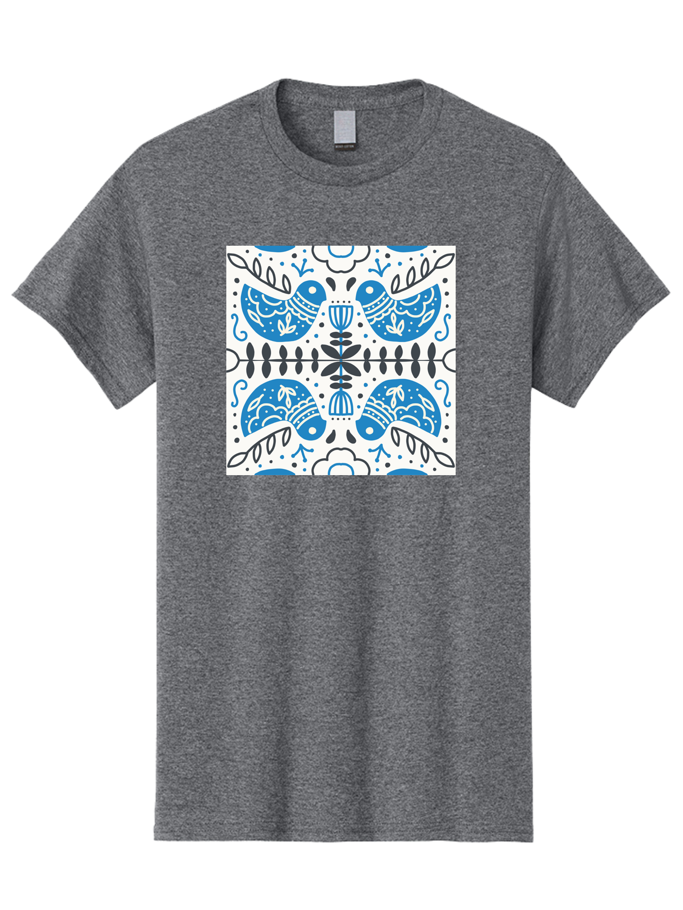 Blue-Birds-Pattern Men'S Graphic Tee, 100% Cotton, Comfortable Casual Summer Wear, Machine Washable, Symmetrical Pattern, Blue Birds, White And Black Accents, Floral Motifs, Traditional Folk Art, Ornate Details, Vintage Design, Aab666