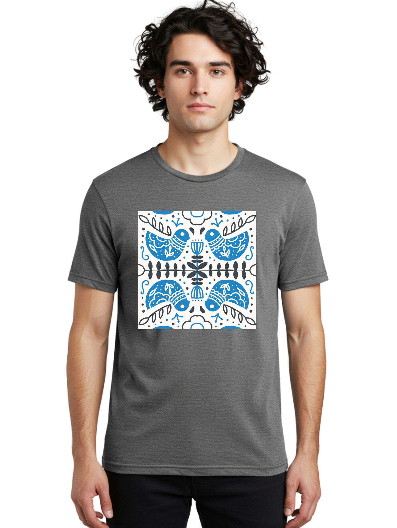 Blue-Birds-Pattern Men'S Graphic Tee, 100% Cotton, Comfortable Casual Summer Wear, Machine Washable, Symmetrical Pattern, Blue Birds, White And Black Accents, Floral Motifs, Traditional Folk Art, Ornate Details, Vintage Design, Aab666
