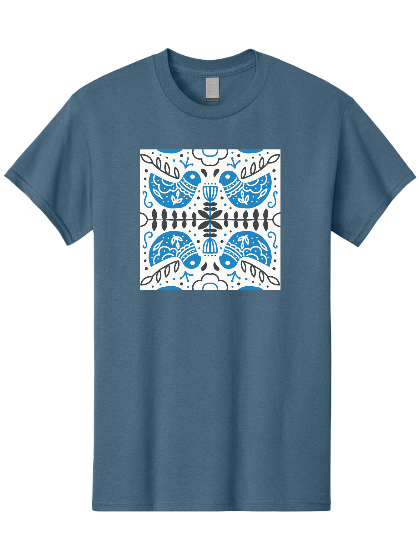 Blue-Birds-Pattern Men'S Graphic Tee, 100% Cotton, Comfortable Casual Summer Wear, Machine Washable, Symmetrical Pattern, Blue Birds, White And Black Accents, Floral Motifs, Traditional Folk Art, Ornate Details, Vintage Design, Aab666