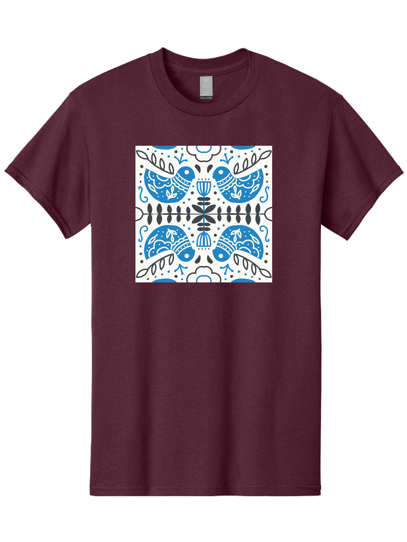Blue-Birds-Pattern Men'S Graphic Tee, 100% Cotton, Comfortable Casual Summer Wear, Machine Washable, Symmetrical Pattern, Blue Birds, White And Black Accents, Floral Motifs, Traditional Folk Art, Ornate Details, Vintage Design, Aab666