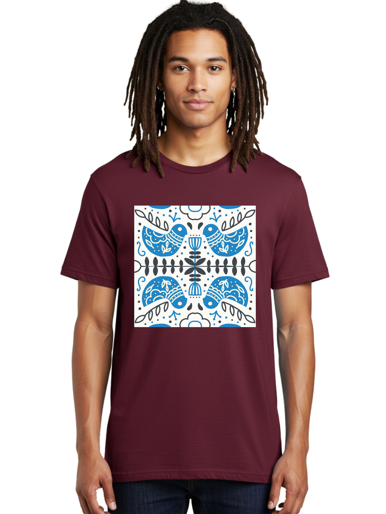 Blue-Birds-Pattern Men'S Graphic Tee, 100% Cotton, Comfortable Casual Summer Wear, Machine Washable, Symmetrical Pattern, Blue Birds, White And Black Accents, Floral Motifs, Traditional Folk Art, Ornate Details, Vintage Design, Aab666