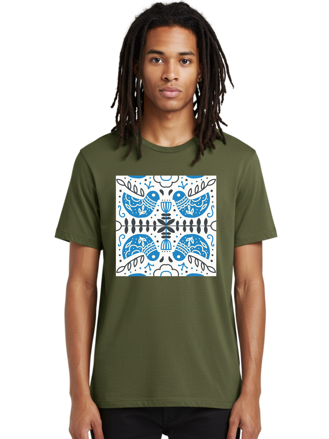 Blue-Birds-Pattern Men'S Graphic Tee, 100% Cotton, Comfortable Casual Summer Wear, Machine Washable, Symmetrical Pattern, Blue Birds, White And Black Accents, Floral Motifs, Traditional Folk Art, Ornate Details, Vintage Design, Aab666