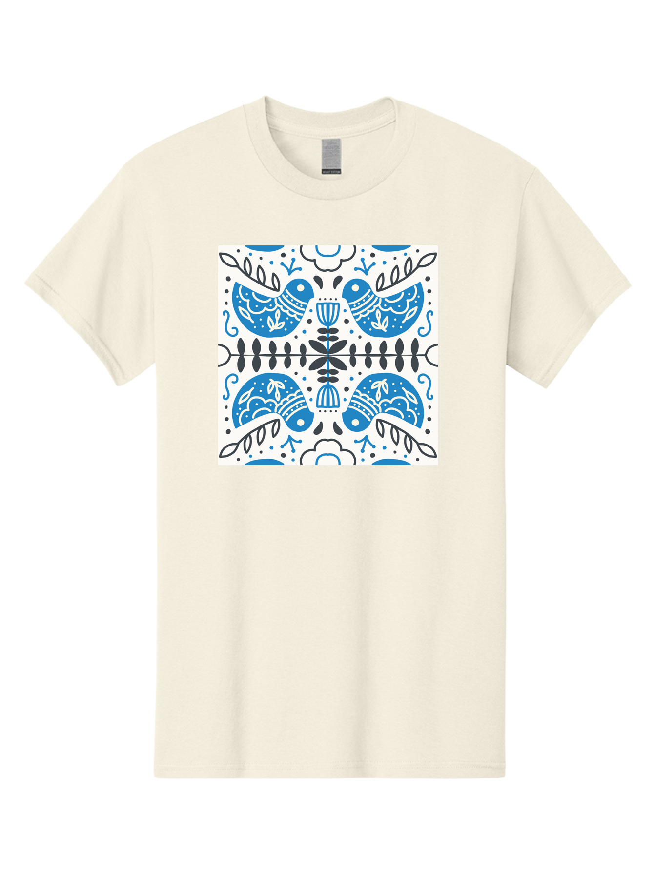Blue-Birds-Pattern Men'S Graphic Tee, 100% Cotton, Comfortable Casual Summer Wear, Machine Washable, Symmetrical Pattern, Blue Birds, White And Black Accents, Floral Motifs, Traditional Folk Art, Ornate Details, Vintage Design, Aab666