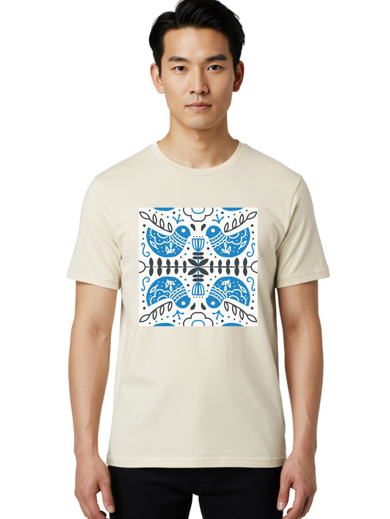 Blue-Birds-Pattern Men'S Graphic Tee, 100% Cotton, Comfortable Casual Summer Wear, Machine Washable, Symmetrical Pattern, Blue Birds, White And Black Accents, Floral Motifs, Traditional Folk Art, Ornate Details, Vintage Design, Aab666