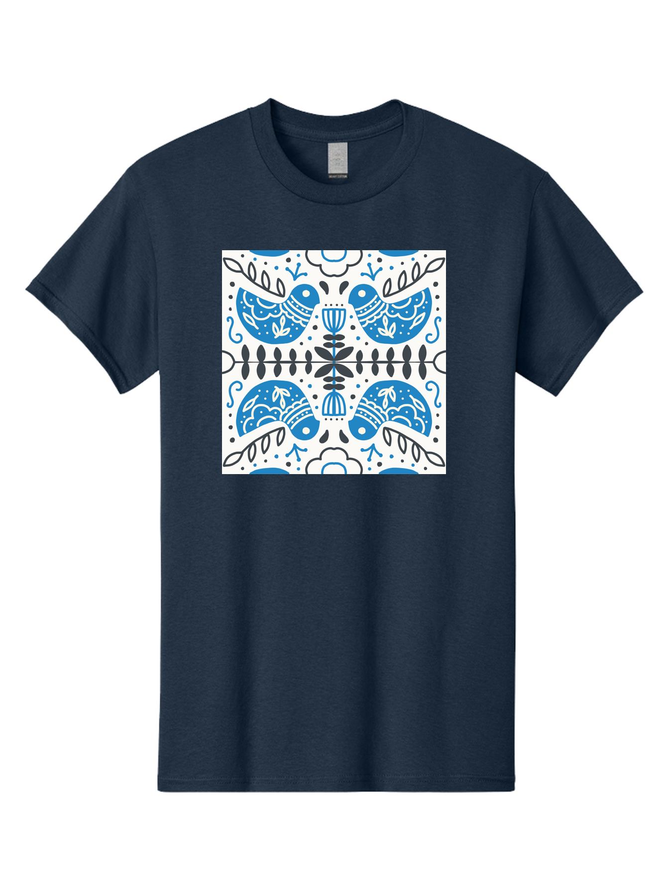 Blue-Birds-Pattern Men'S Graphic Tee, 100% Cotton, Comfortable Casual Summer Wear, Machine Washable, Symmetrical Pattern, Blue Birds, White And Black Accents, Floral Motifs, Traditional Folk Art, Ornate Details, Vintage Design, Aab666