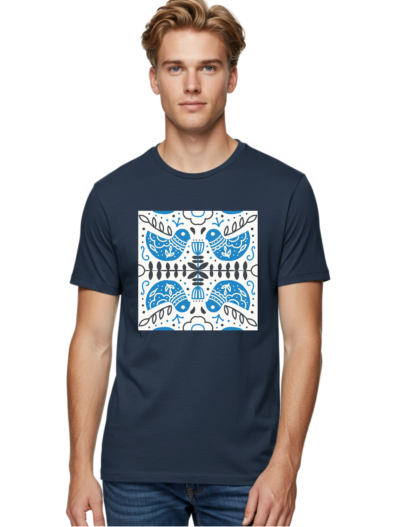 Blue-Birds-Pattern Men'S Graphic Tee, 100% Cotton, Comfortable Casual Summer Wear, Machine Washable, Symmetrical Pattern, Blue Birds, White And Black Accents, Floral Motifs, Traditional Folk Art, Ornate Details, Vintage Design, Aab666