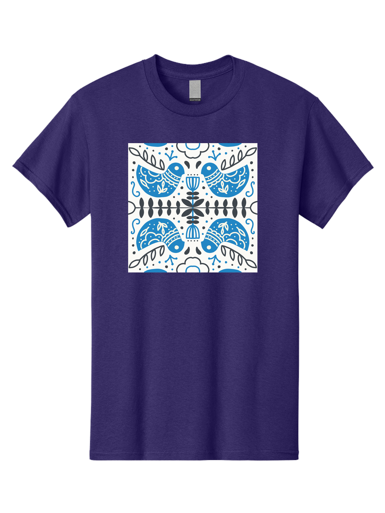 Blue-Birds-Pattern Men'S Graphic Tee, 100% Cotton, Comfortable Casual Summer Wear, Machine Washable, Symmetrical Pattern, Blue Birds, White And Black Accents, Floral Motifs, Traditional Folk Art, Ornate Details, Vintage Design, Aab666