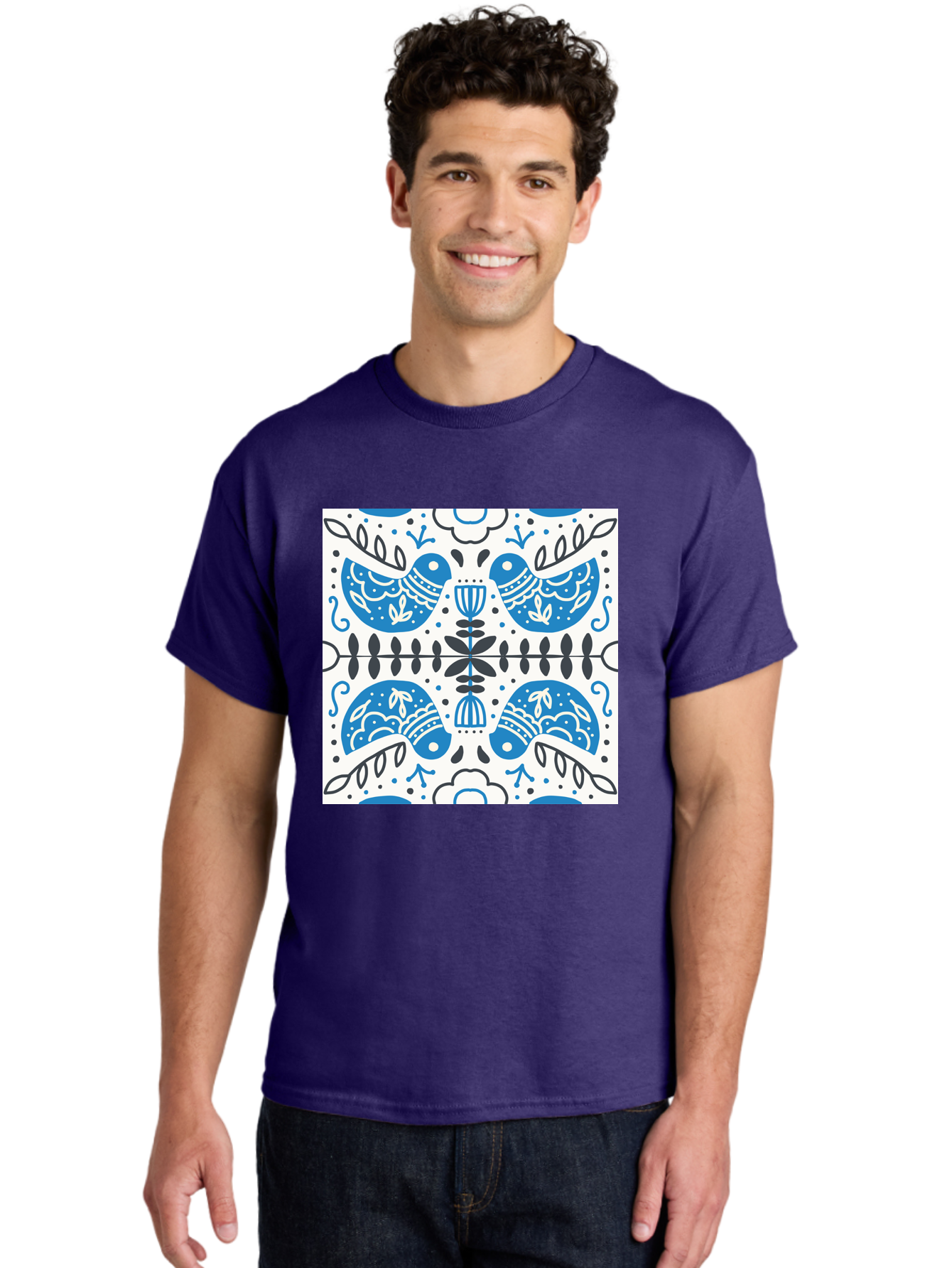 Blue-Birds-Pattern Men'S Graphic Tee, 100% Cotton, Comfortable Casual Summer Wear, Machine Washable, Symmetrical Pattern, Blue Birds, White And Black Accents, Floral Motifs, Traditional Folk Art, Ornate Details, Vintage Design, Aab666