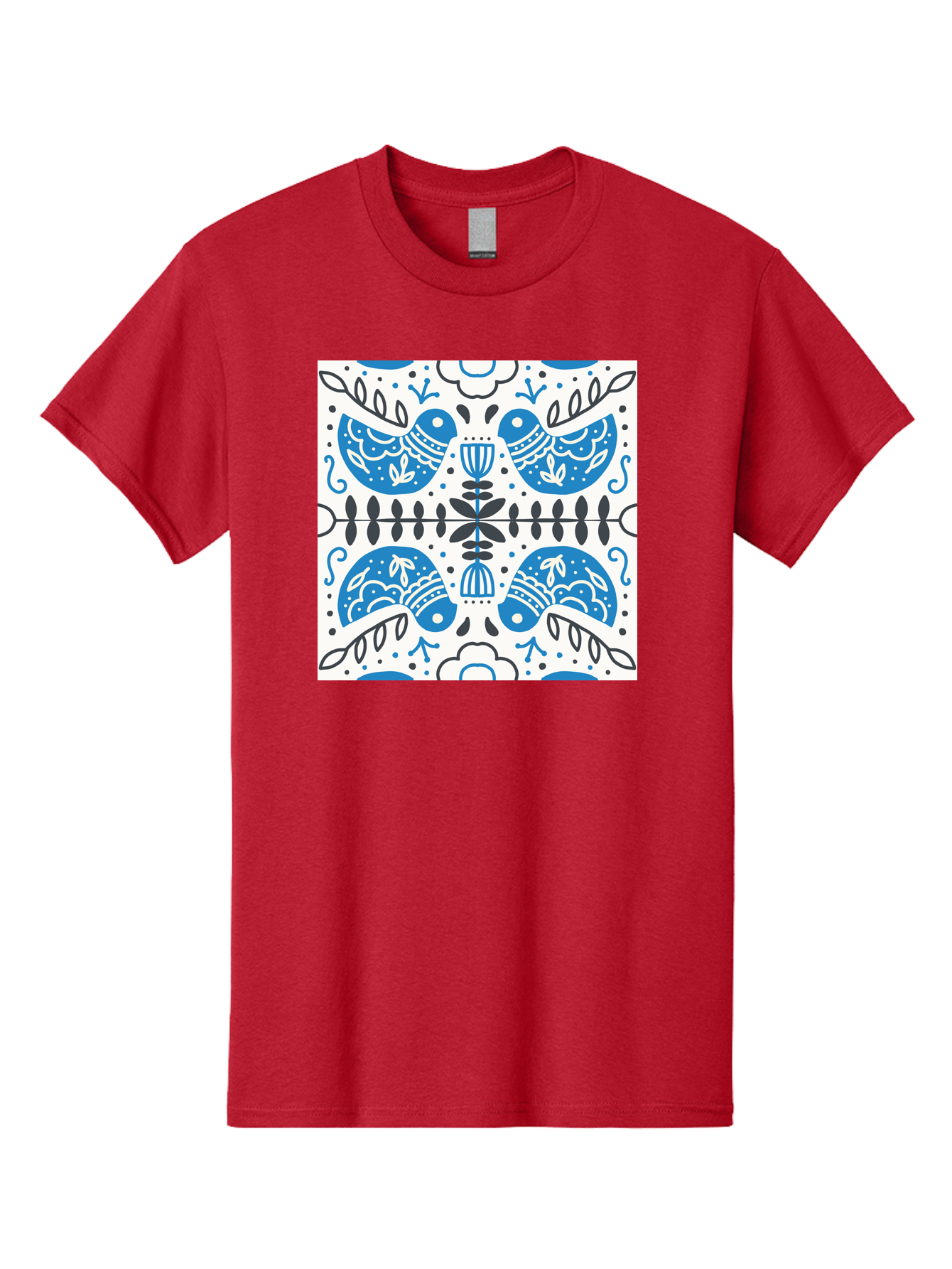 Blue-Birds-Pattern Men'S Graphic Tee, 100% Cotton, Comfortable Casual Summer Wear, Machine Washable, Symmetrical Pattern, Blue Birds, White And Black Accents, Floral Motifs, Traditional Folk Art, Ornate Details, Vintage Design, Aab666