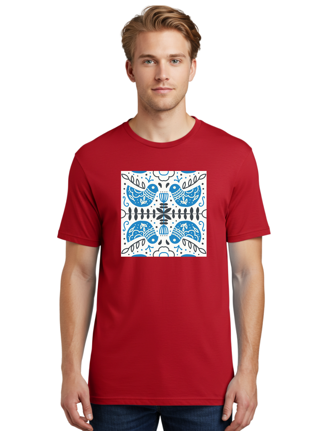 Blue-Birds-Pattern Men'S Graphic Tee, 100% Cotton, Comfortable Casual Summer Wear, Machine Washable, Symmetrical Pattern, Blue Birds, White And Black Accents, Floral Motifs, Traditional Folk Art, Ornate Details, Vintage Design, Aab666