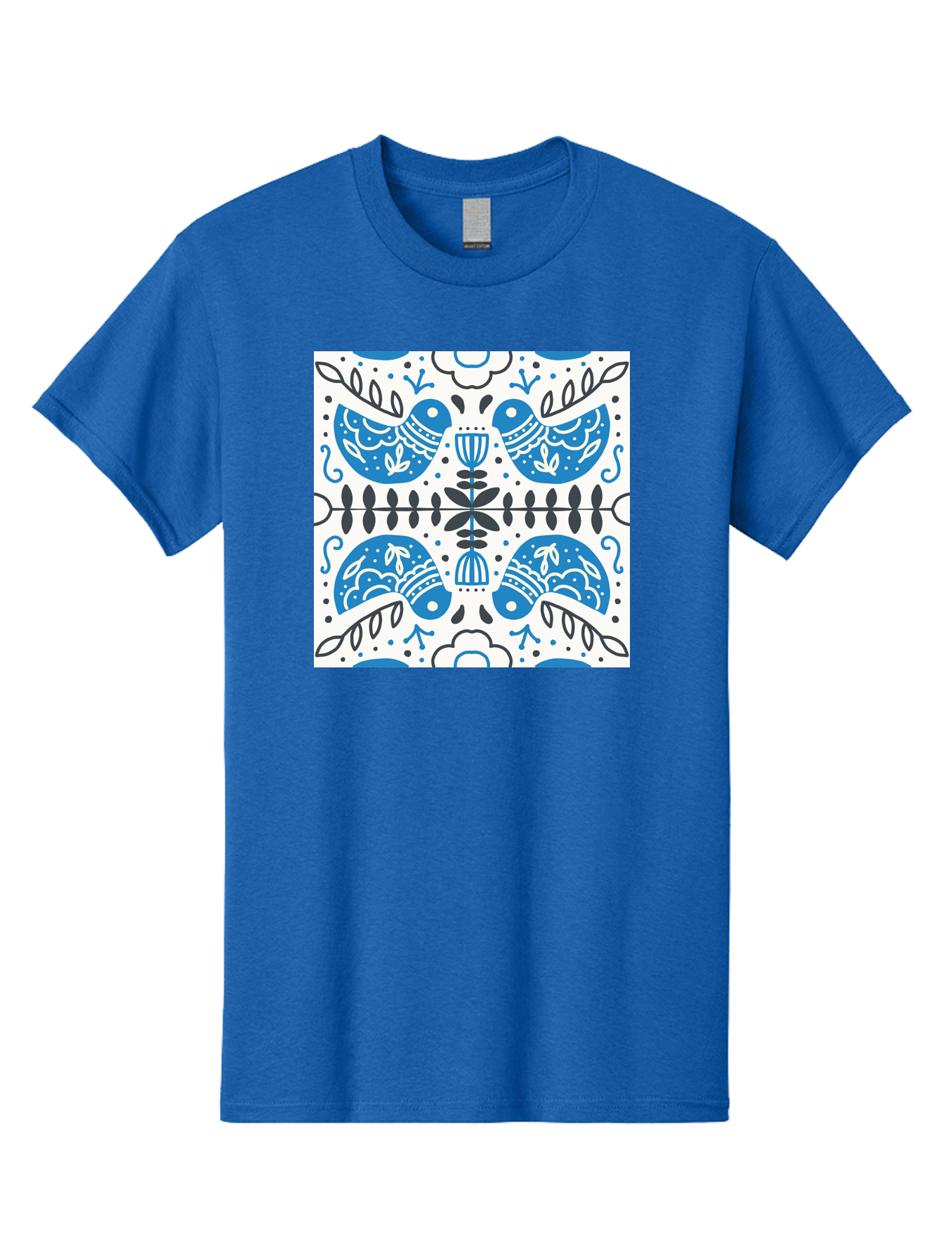 Blue-Birds-Pattern Men'S Graphic Tee, 100% Cotton, Comfortable Casual Summer Wear, Machine Washable, Symmetrical Pattern, Blue Birds, White And Black Accents, Floral Motifs, Traditional Folk Art, Ornate Details, Vintage Design, Aab666