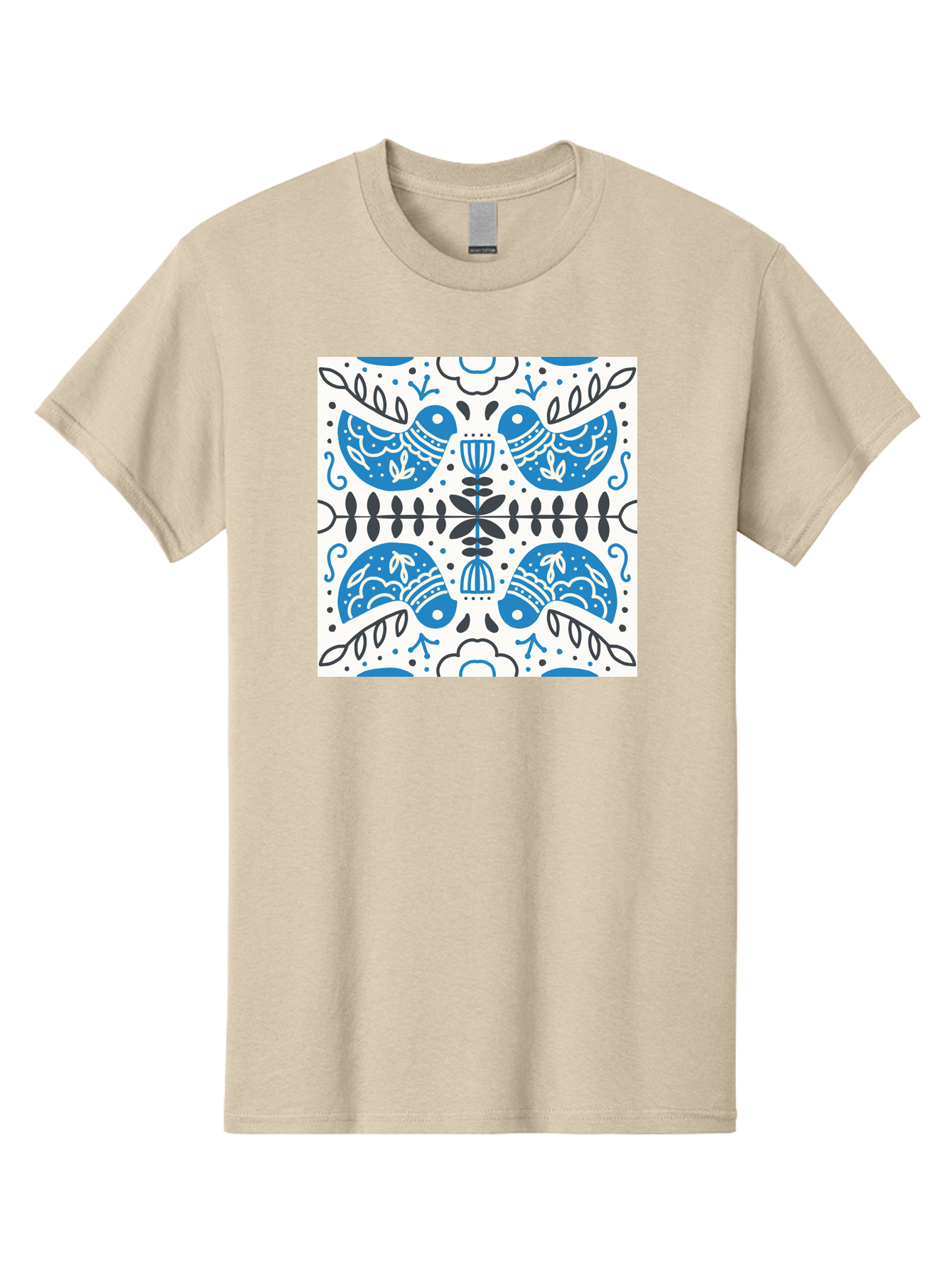 Blue-Birds-Pattern Men'S Graphic Tee, 100% Cotton, Comfortable Casual Summer Wear, Machine Washable, Symmetrical Pattern, Blue Birds, White And Black Accents, Floral Motifs, Traditional Folk Art, Ornate Details, Vintage Design, Aab666