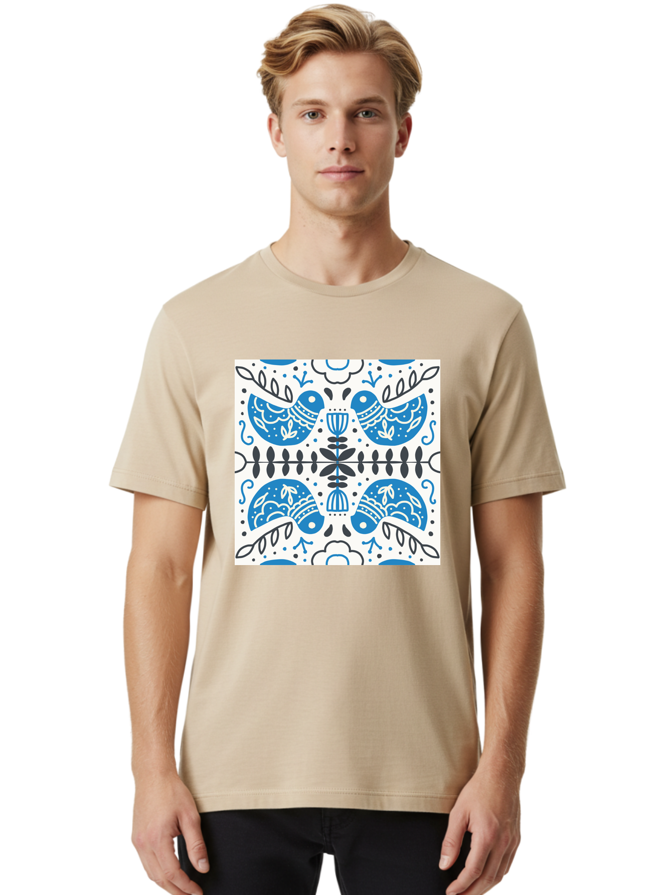 Blue-Birds-Pattern Men'S Graphic Tee, 100% Cotton, Comfortable Casual Summer Wear, Machine Washable, Symmetrical Pattern, Blue Birds, White And Black Accents, Floral Motifs, Traditional Folk Art, Ornate Details, Vintage Design, Aab666