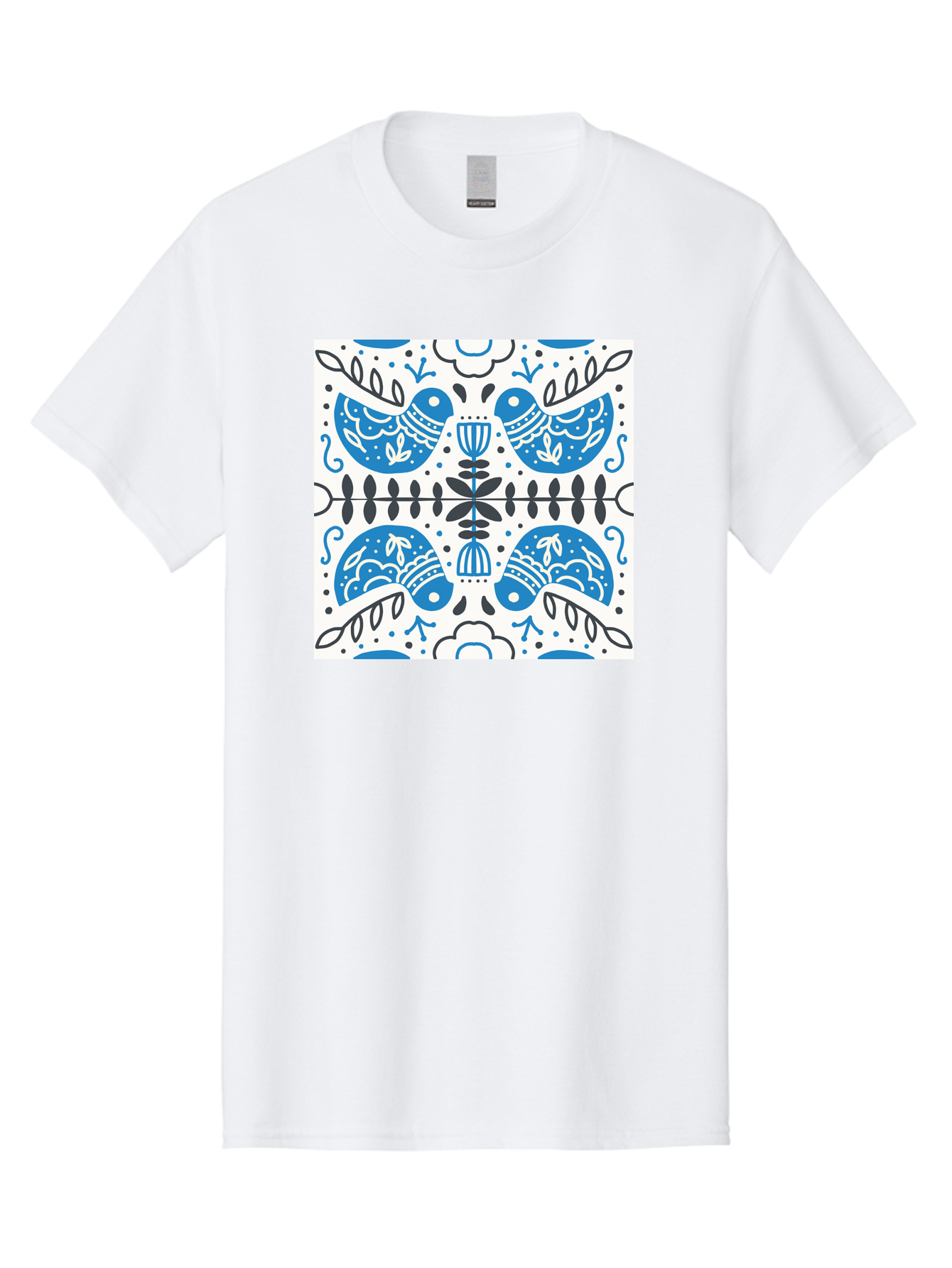 Blue-Birds-Pattern Men'S Graphic Tee, 100% Cotton, Comfortable Casual Summer Wear, Machine Washable, Symmetrical Pattern, Blue Birds, White And Black Accents, Floral Motifs, Traditional Folk Art, Ornate Details, Vintage Design, Aab666