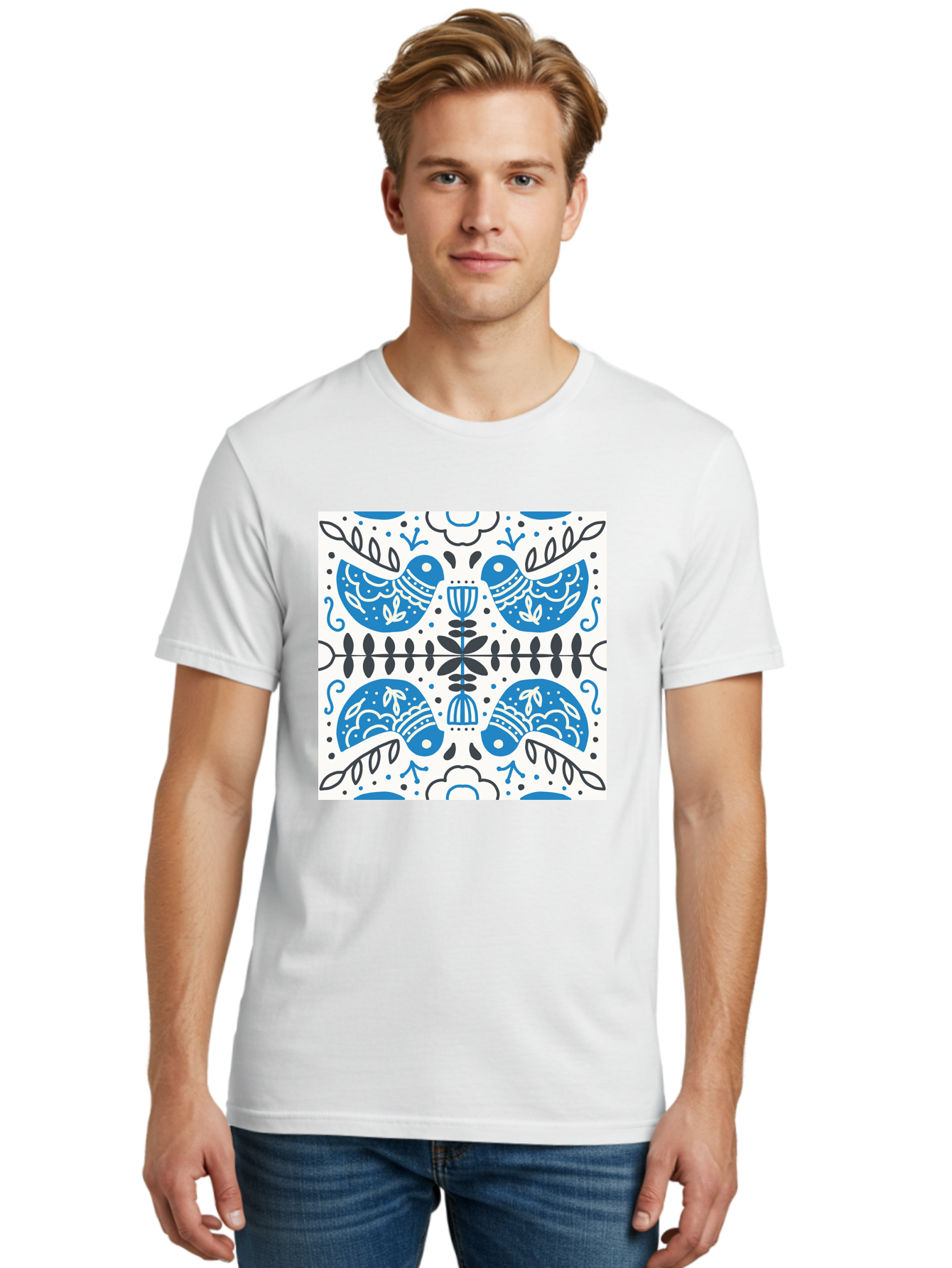 Blue-Birds-Pattern Men'S Graphic Tee, 100% Cotton, Comfortable Casual Summer Wear, Machine Washable, Symmetrical Pattern, Blue Birds, White And Black Accents, Floral Motifs, Traditional Folk Art, Ornate Details, Vintage Design, Aab666
