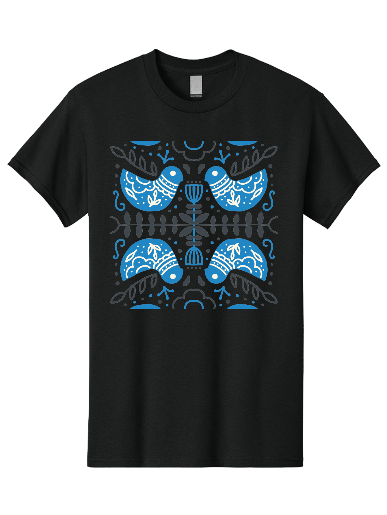 Blue-Birds Men'S Graphic Tee, 100% Cotton, Comfortable Casual Summer Wear, Machine Washable, Stylized Birds, Floral Patterns, Blue And White Illustrations, Leaf Motifs, Abstract Designs, Symmetrical Composition, Vintage Style, Folk Art Aab667