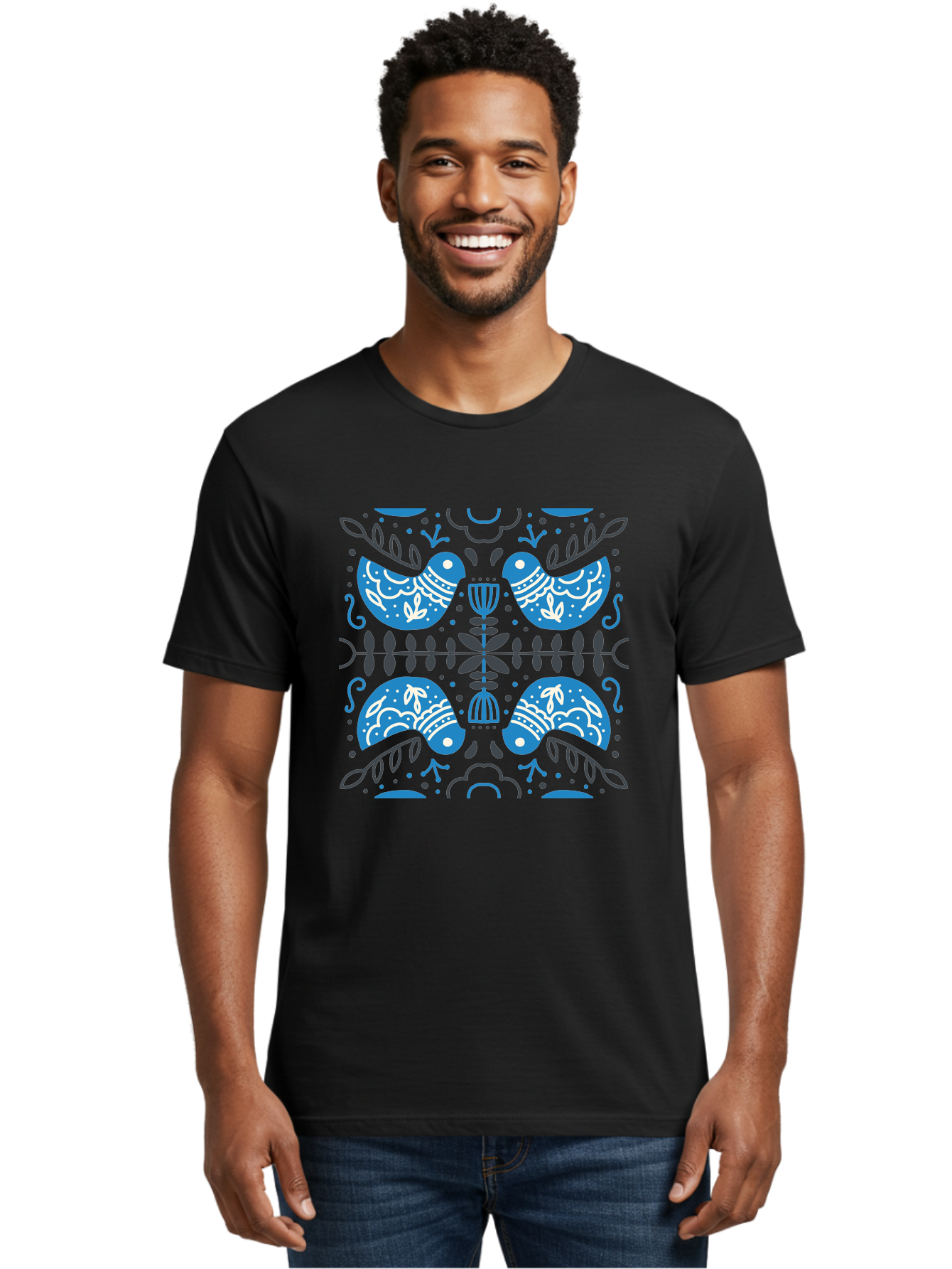 Blue-Birds Men'S Graphic Tee, 100% Cotton, Comfortable Casual Summer Wear, Machine Washable, Stylized Birds, Floral Patterns, Blue And White Illustrations, Leaf Motifs, Abstract Designs, Symmetrical Composition, Vintage Style, Folk Art Aab667