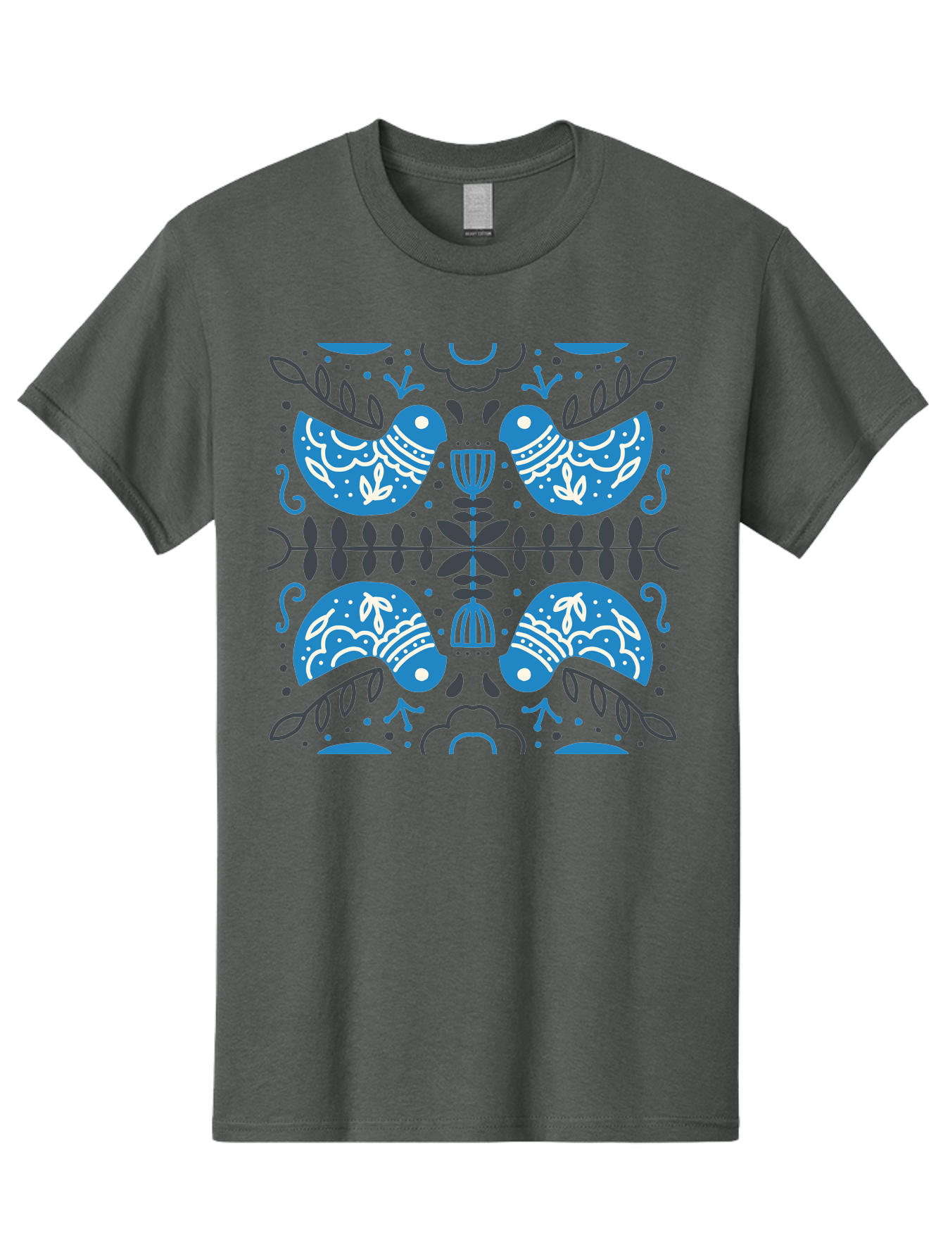 Blue-Birds Men'S Graphic Tee, 100% Cotton, Comfortable Casual Summer Wear, Machine Washable, Stylized Birds, Floral Patterns, Blue And White Illustrations, Leaf Motifs, Abstract Designs, Symmetrical Composition, Vintage Style, Folk Art Aab667