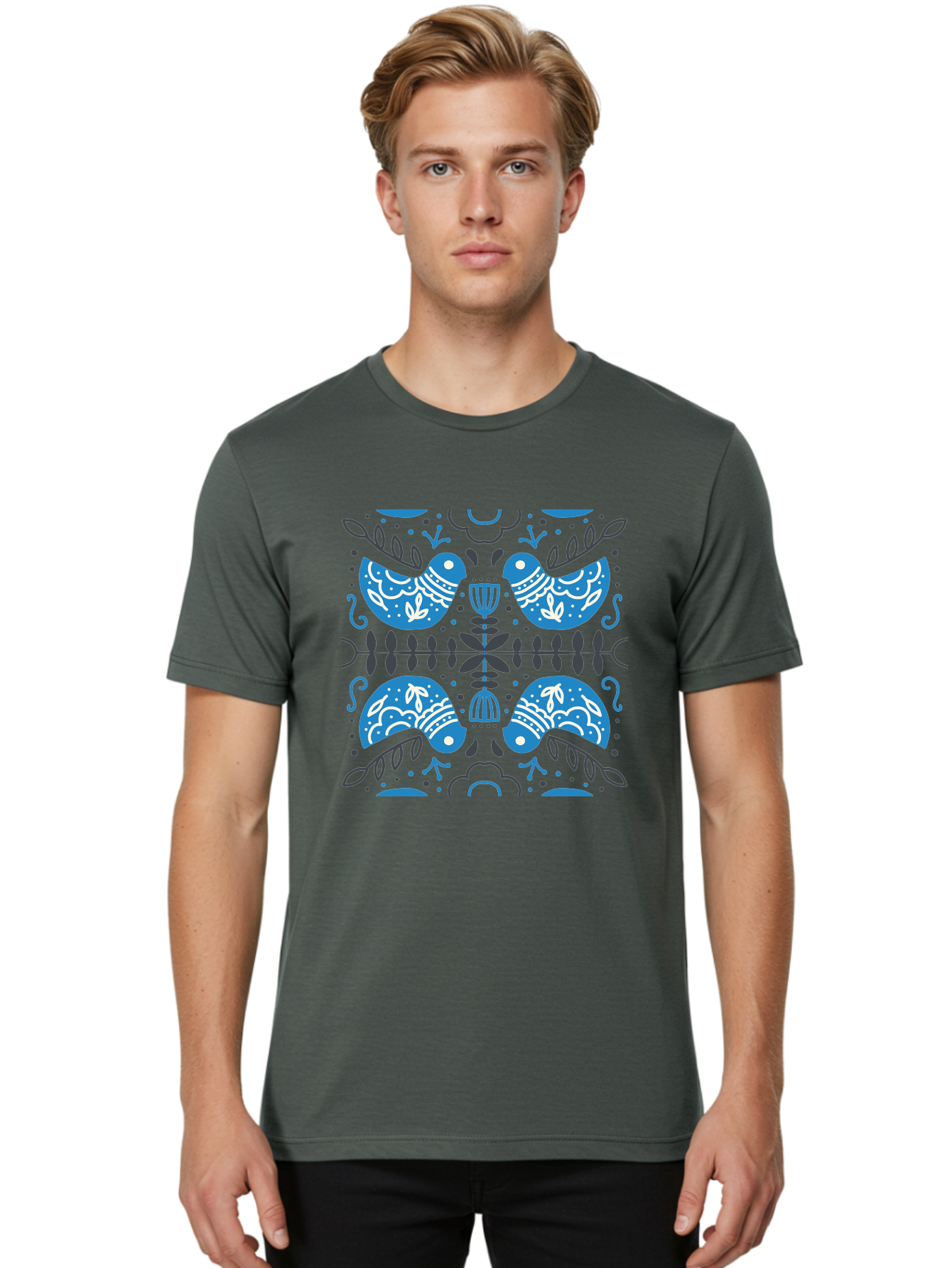 Blue-Birds Men'S Graphic Tee, 100% Cotton, Comfortable Casual Summer Wear, Machine Washable, Stylized Birds, Floral Patterns, Blue And White Illustrations, Leaf Motifs, Abstract Designs, Symmetrical Composition, Vintage Style, Folk Art Aab667