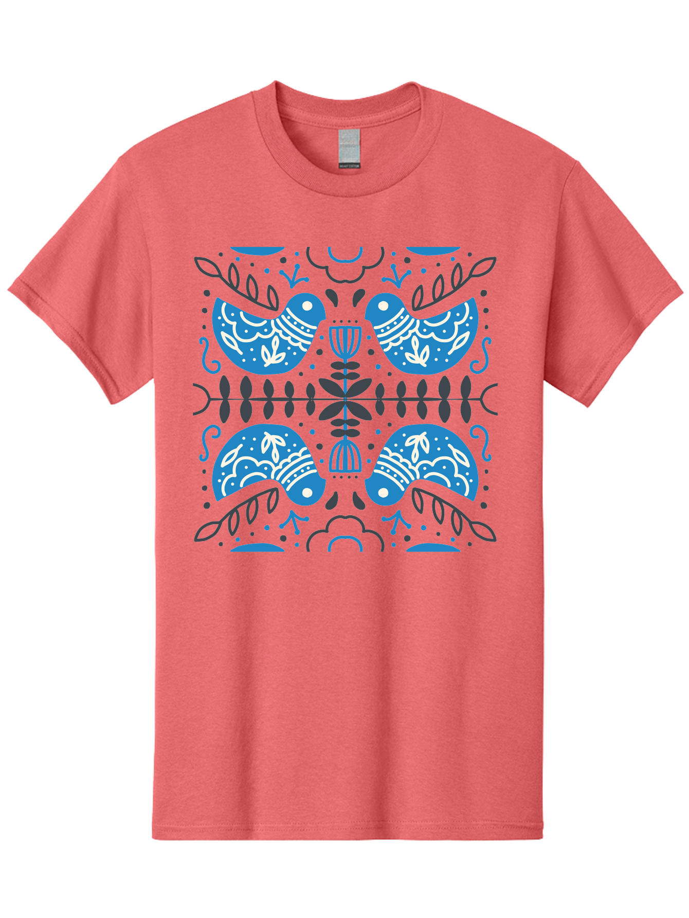 Blue-Birds Men'S Graphic Tee, 100% Cotton, Comfortable Casual Summer Wear, Machine Washable, Stylized Birds, Floral Patterns, Blue And White Illustrations, Leaf Motifs, Abstract Designs, Symmetrical Composition, Vintage Style, Folk Art Aab667